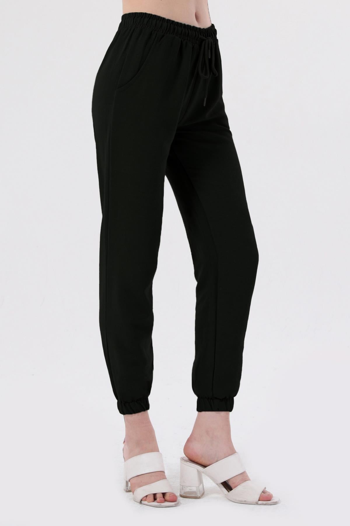 Bel Lastikli Bağcıklı Jogger Keten Pantolon - Siyah