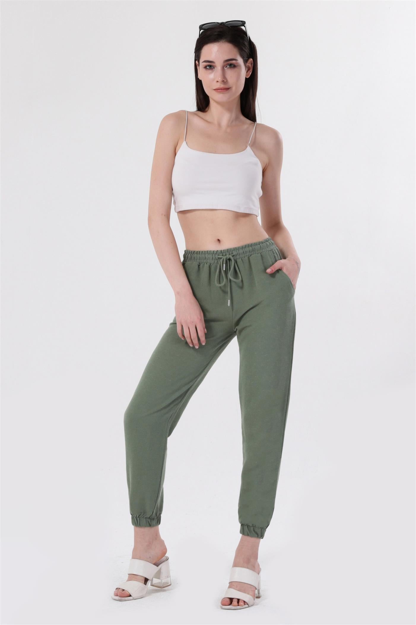 Bel Lastikli Bağcıklı Jogger Keten Pantolon - Mint Yeşil