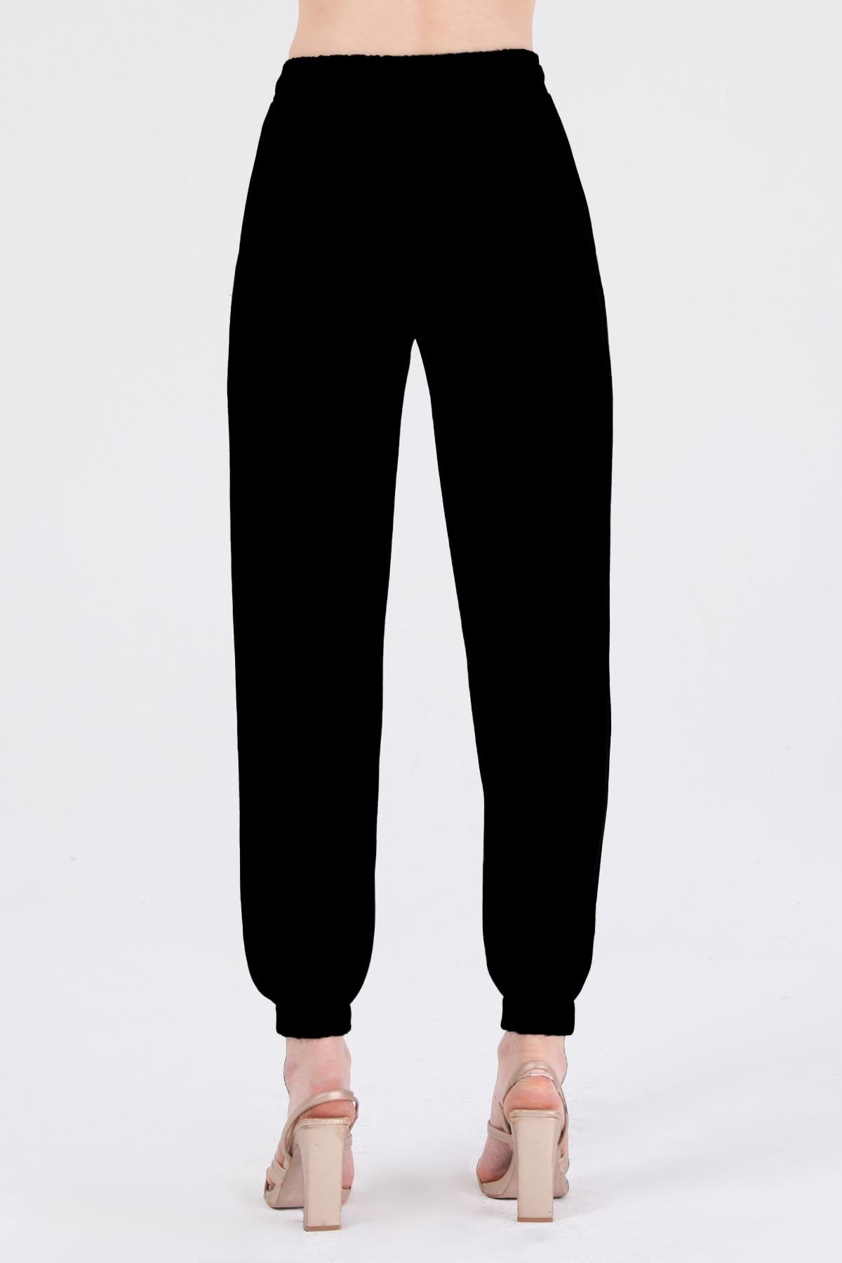 Bel Lastikli Bağcıklı Jogger Keten Pantolon - Siyah