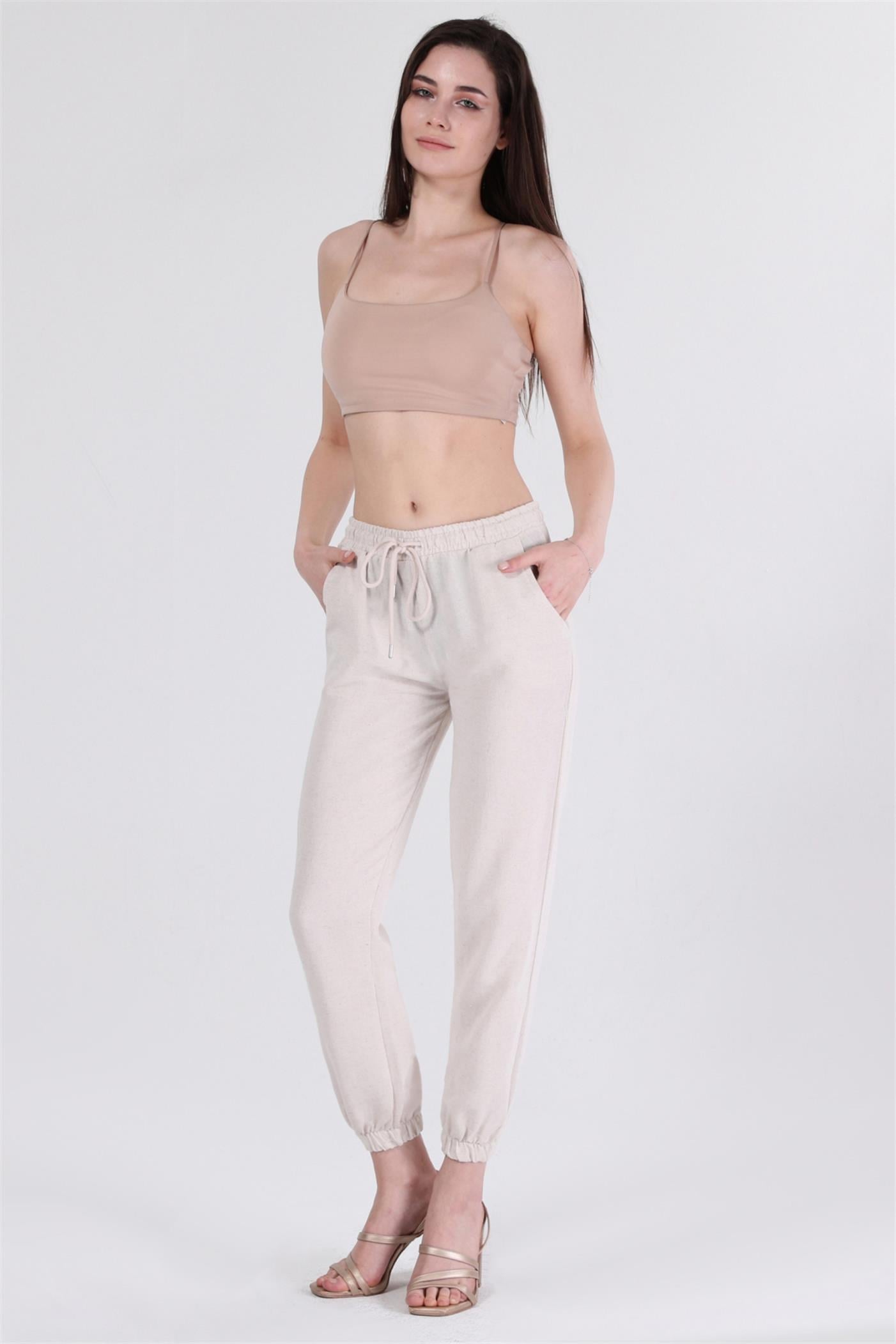 Bel Lastikli Bağcıklı Jogger Keten Pantolon - Taş
