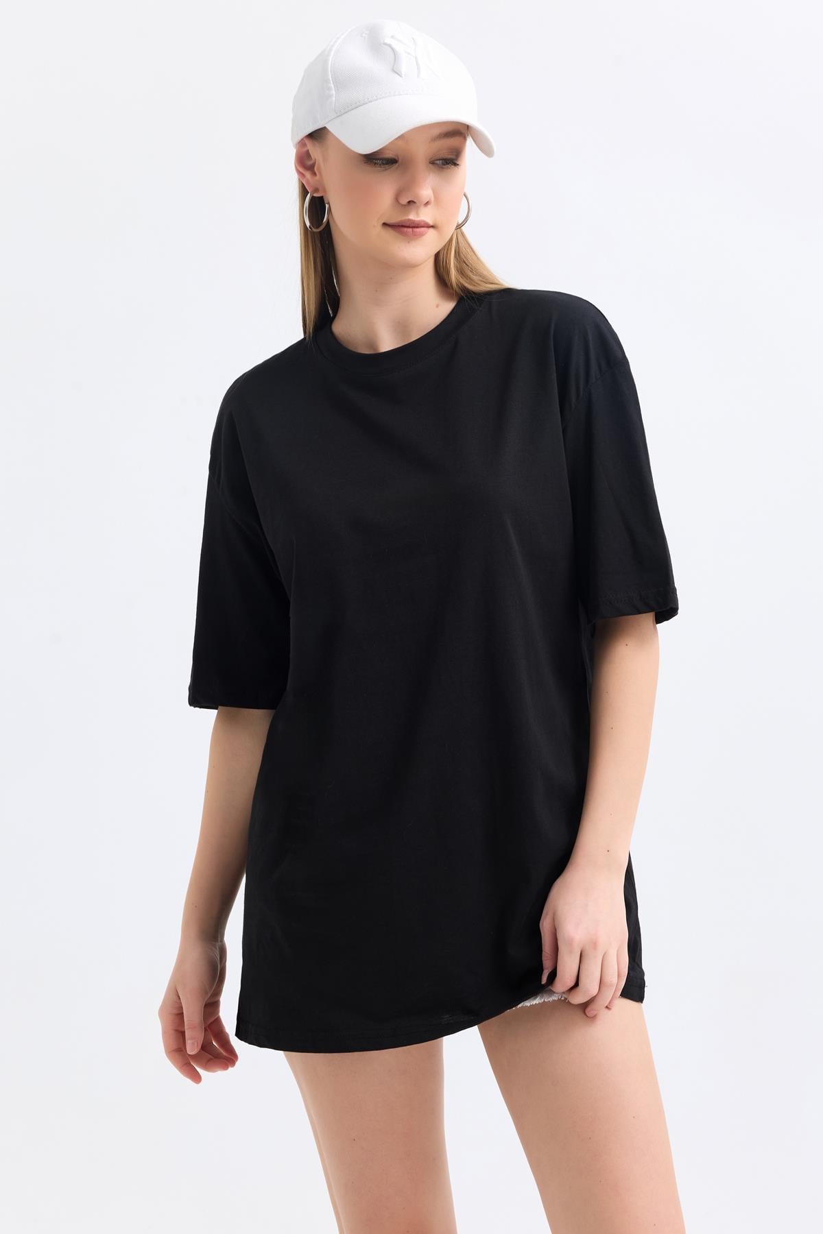 Bisiklet Yaka %100 Pamuk Basic Oversize Tişört - Siyah