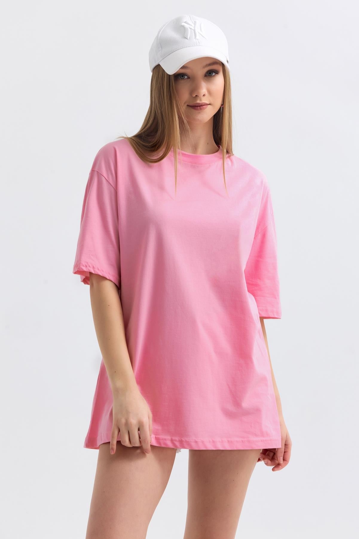 Bisiklet Yaka %100 Pamuk Basic Oversize Tişört - Pembe
