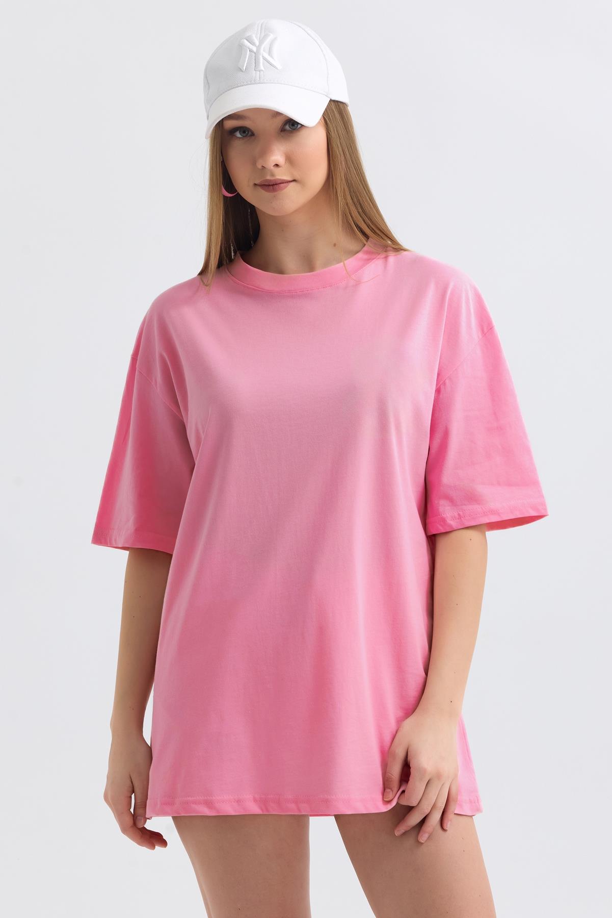 Bisiklet Yaka %100 Pamuk Basic Oversize Tişört - Pembe