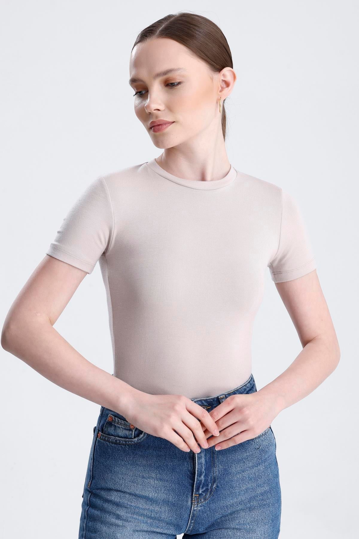 Bisiklet Yaka Kısa Kollu Modal Body - Bej