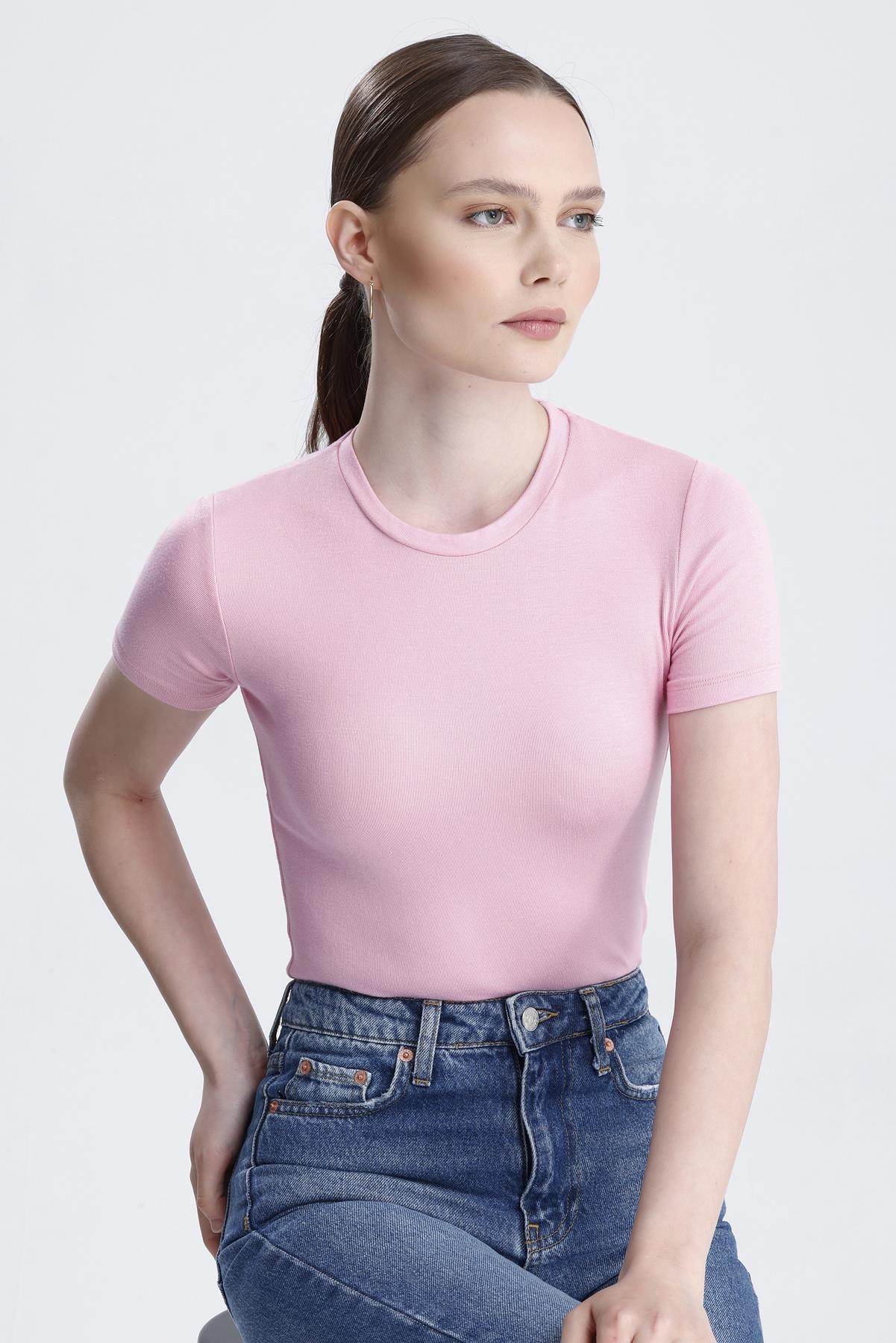 Bisiklet Yaka Kısa Kollu Modal Body - Pembe