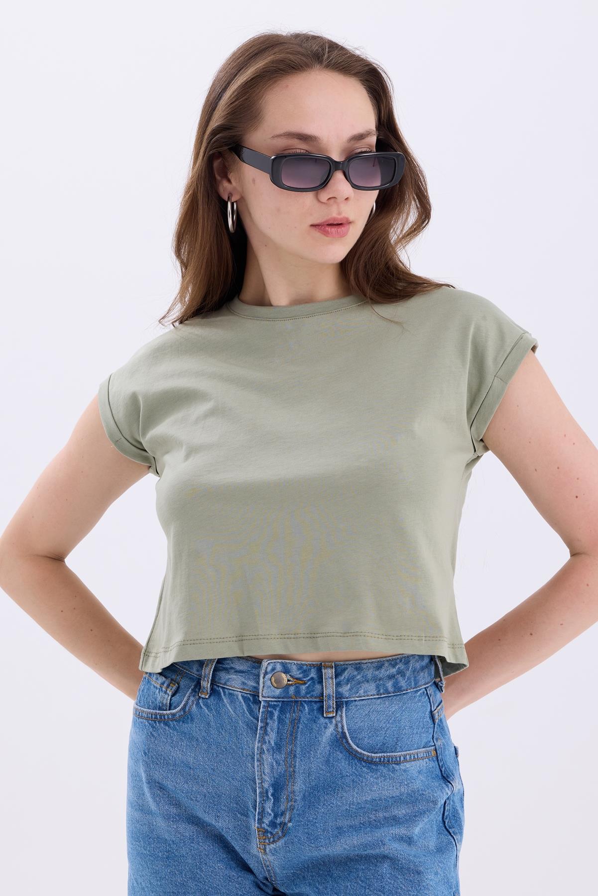 Bisiklet Yaka Yarasa Kollu Basic Crop Tişört - Mint Yeşil