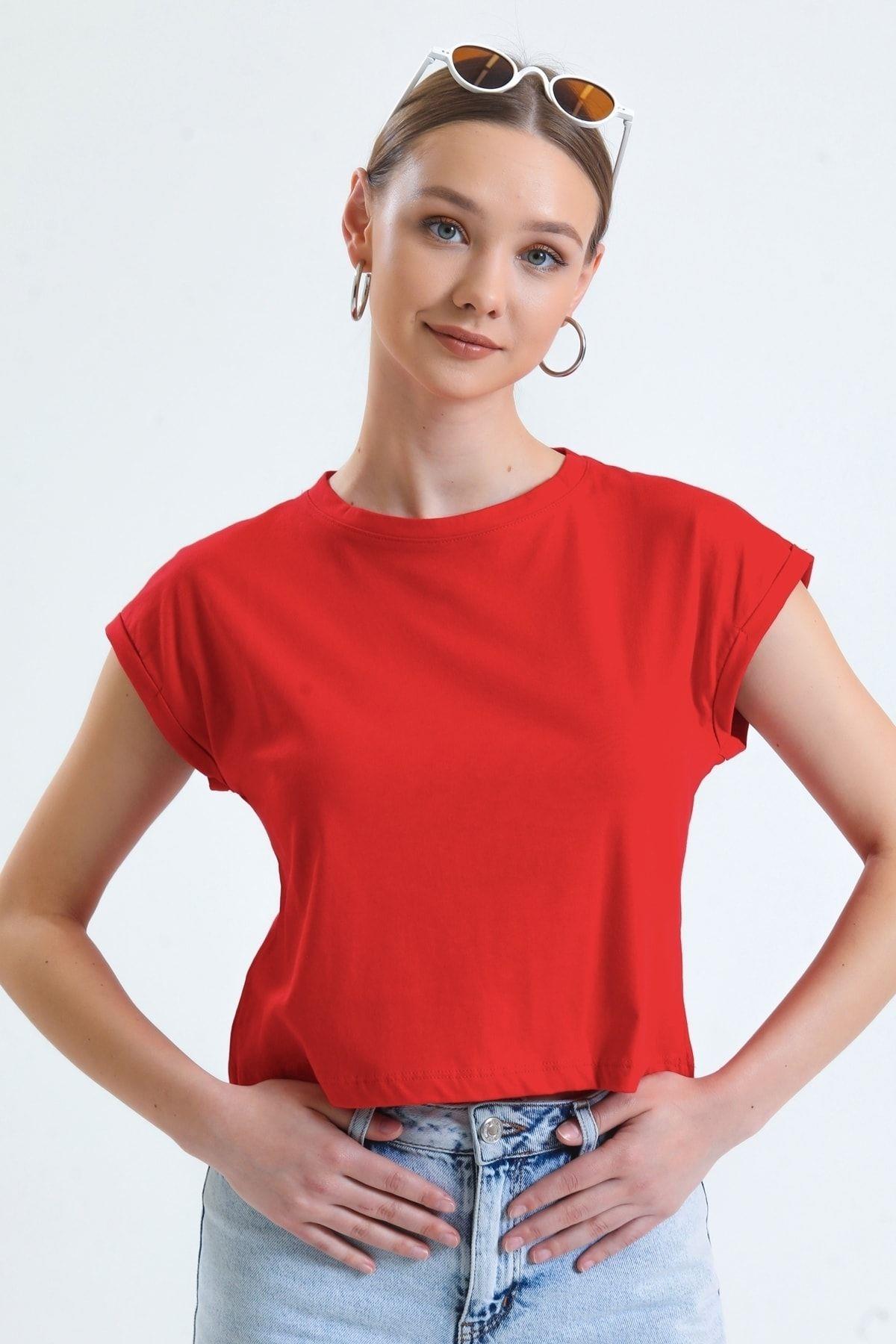 Bisiklet Yaka Yarasa Kollu Basic Crop Tişört - Kırmızı