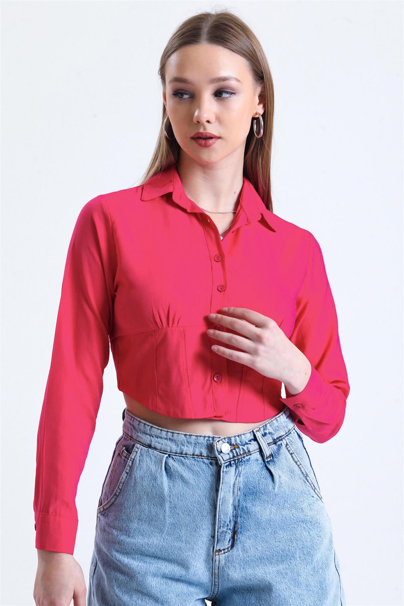 Büzgü Detaylı Gipeli Crop Poplin Gömlek - Fuşya