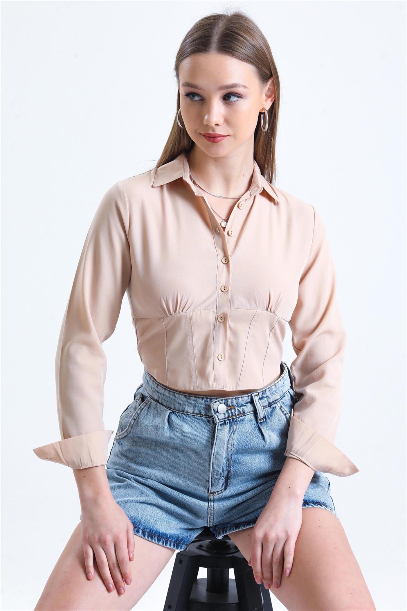 Büzgü Detaylı Gipeli Crop Poplin Gömlek - Bej