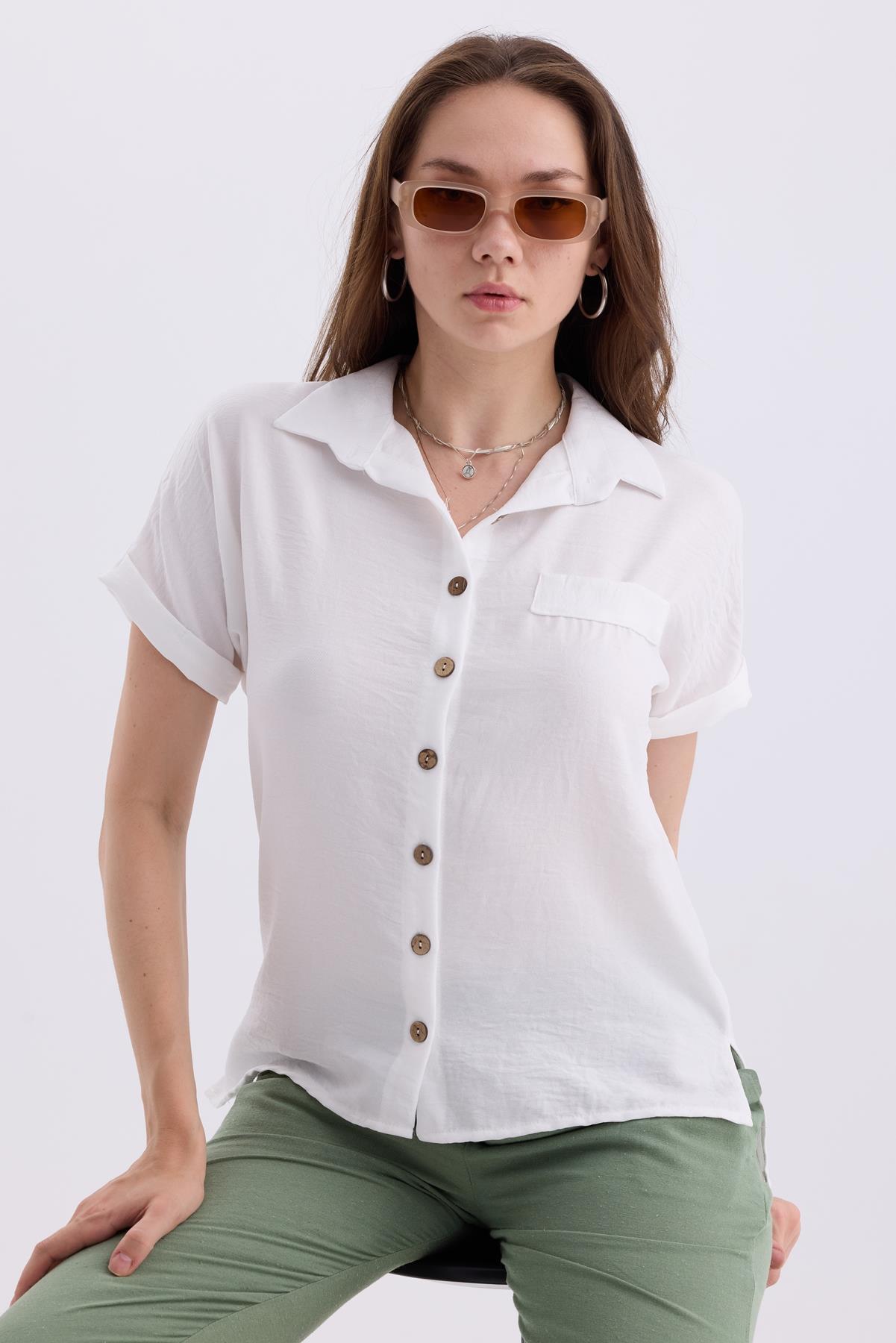 Duble Kol Yırtmaç Detaylı Kısa Kollu Keten Gömlek - Ekru