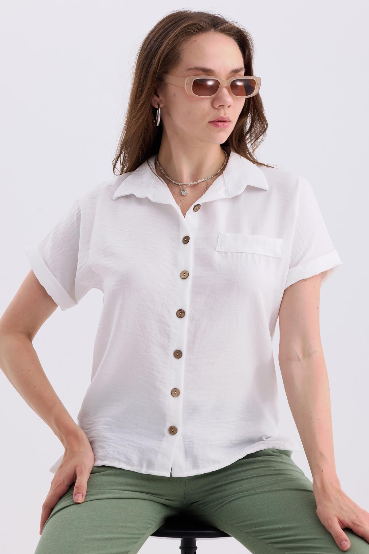 Duble Kol Yırtmaç Detaylı Kısa Kollu Keten Gömlek - Ekru