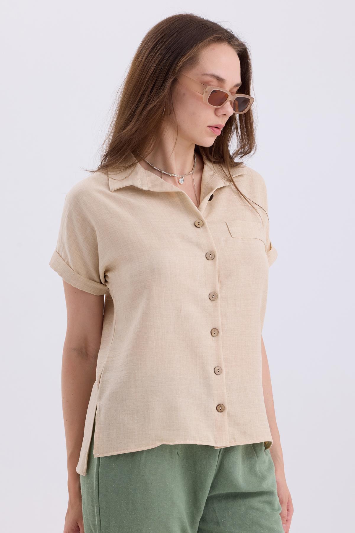Duble Kol Yırtmaç Detaylı Kısa Kollu Keten Gömlek - Bej