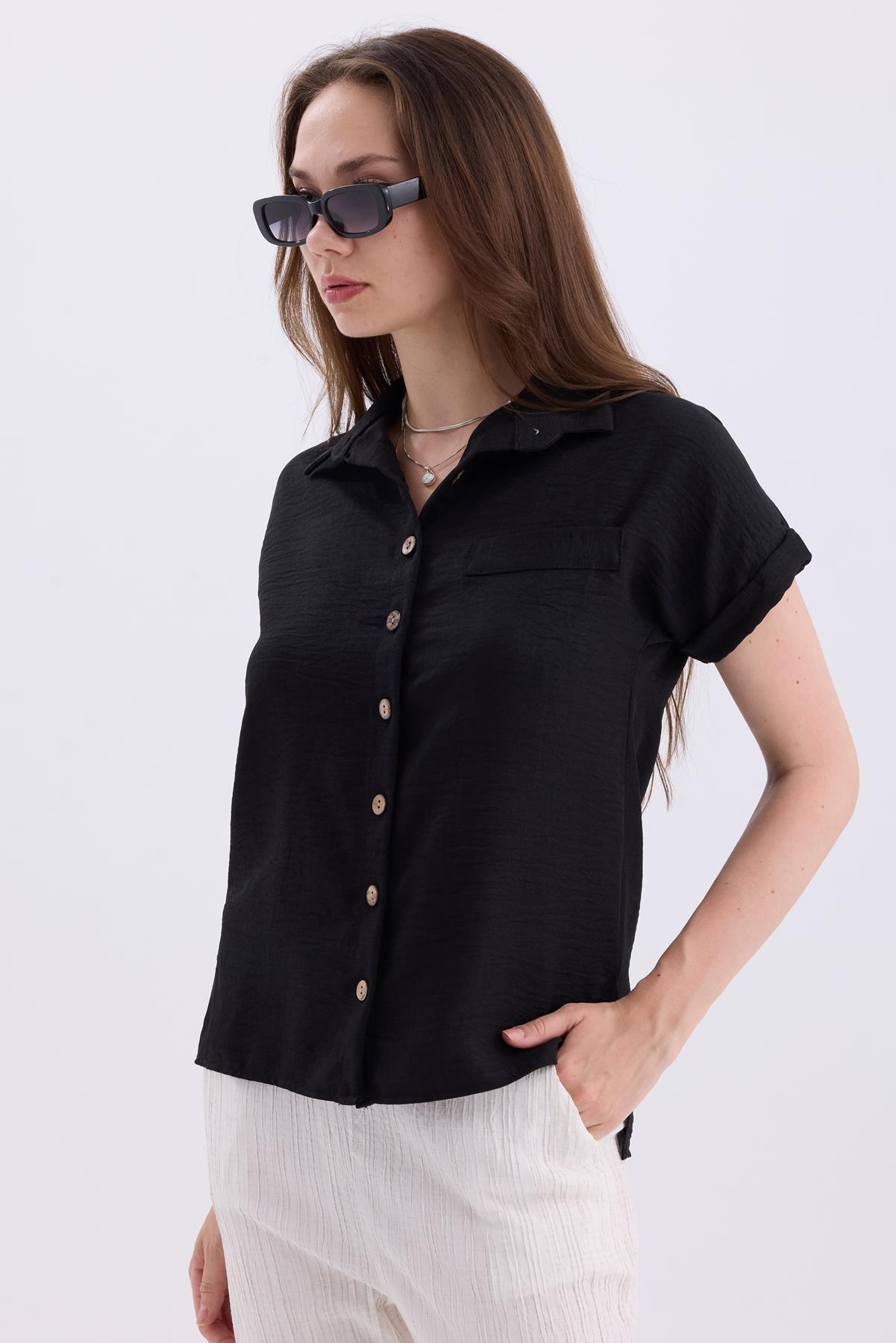 Duble Kol Yırtmaç Detaylı Kısa Kollu Keten Gömlek - Siyah