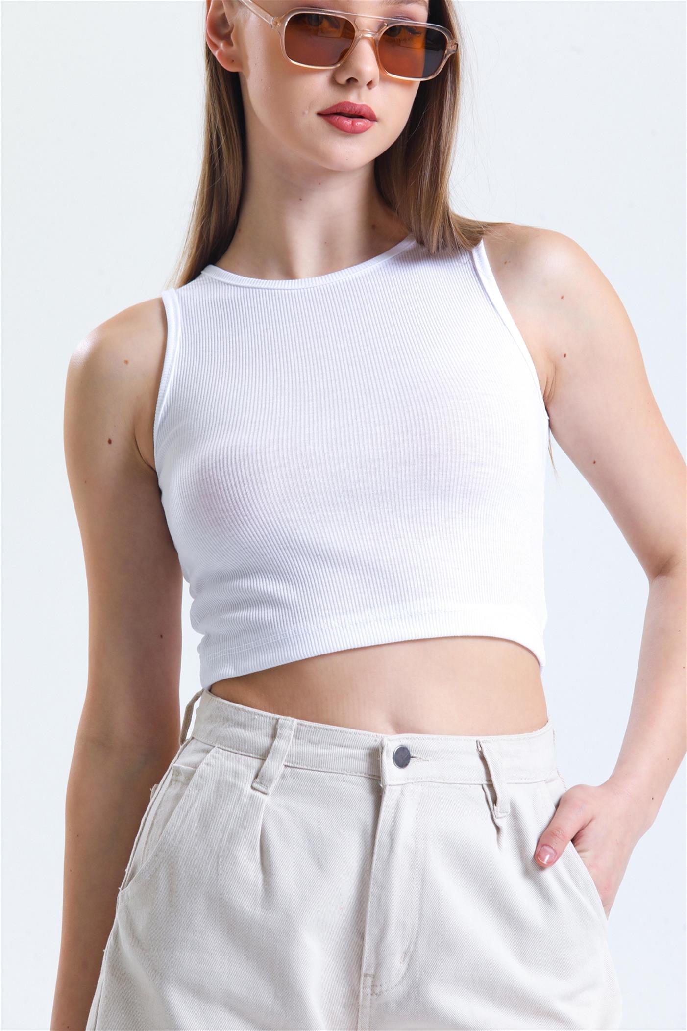 Fitilli Likralı Süper Crop Atlet - Beyaz