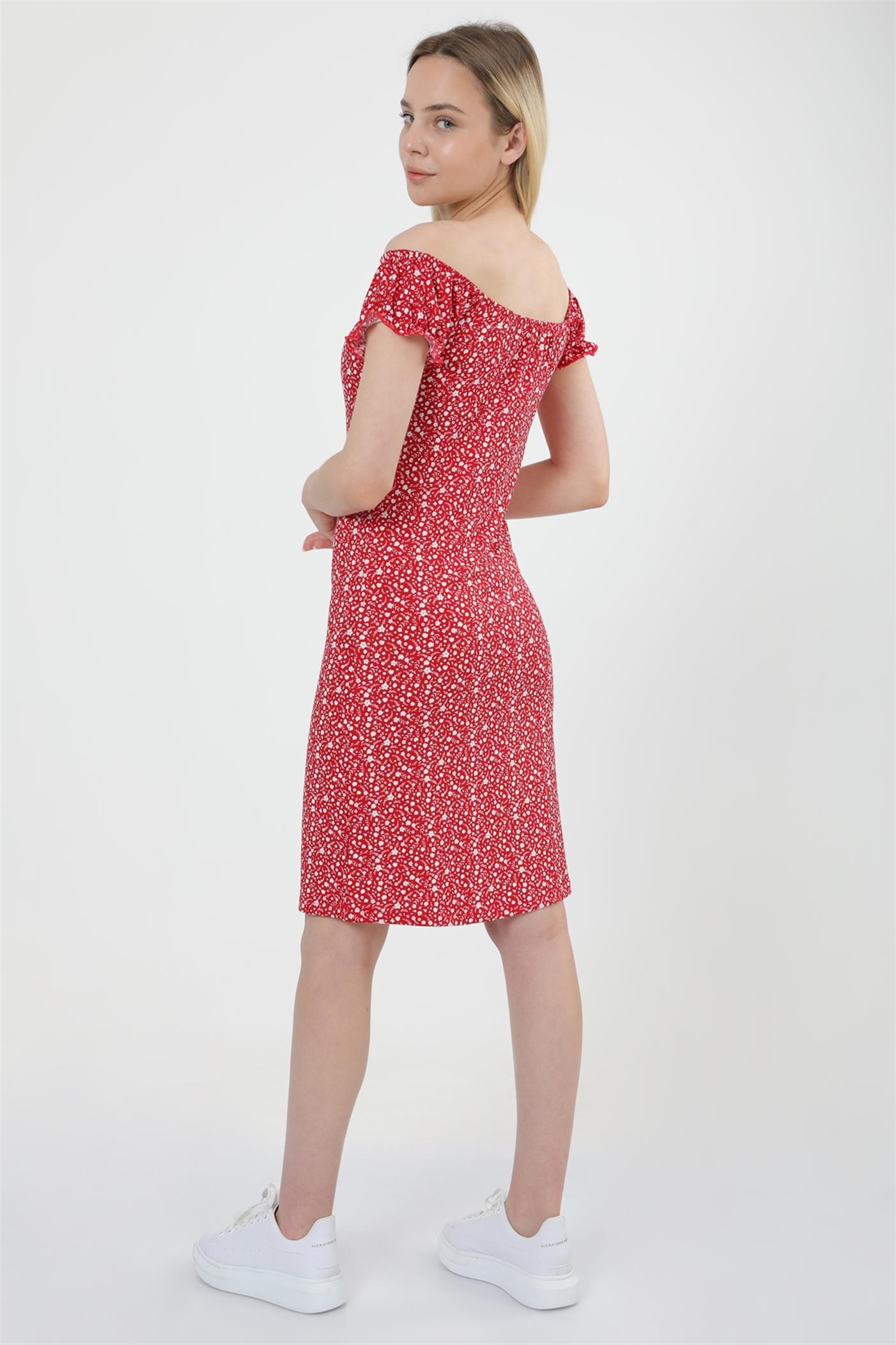 Geniş Yaka Kol Detaylı Çiçek Desenli Elbise - Kırmızı