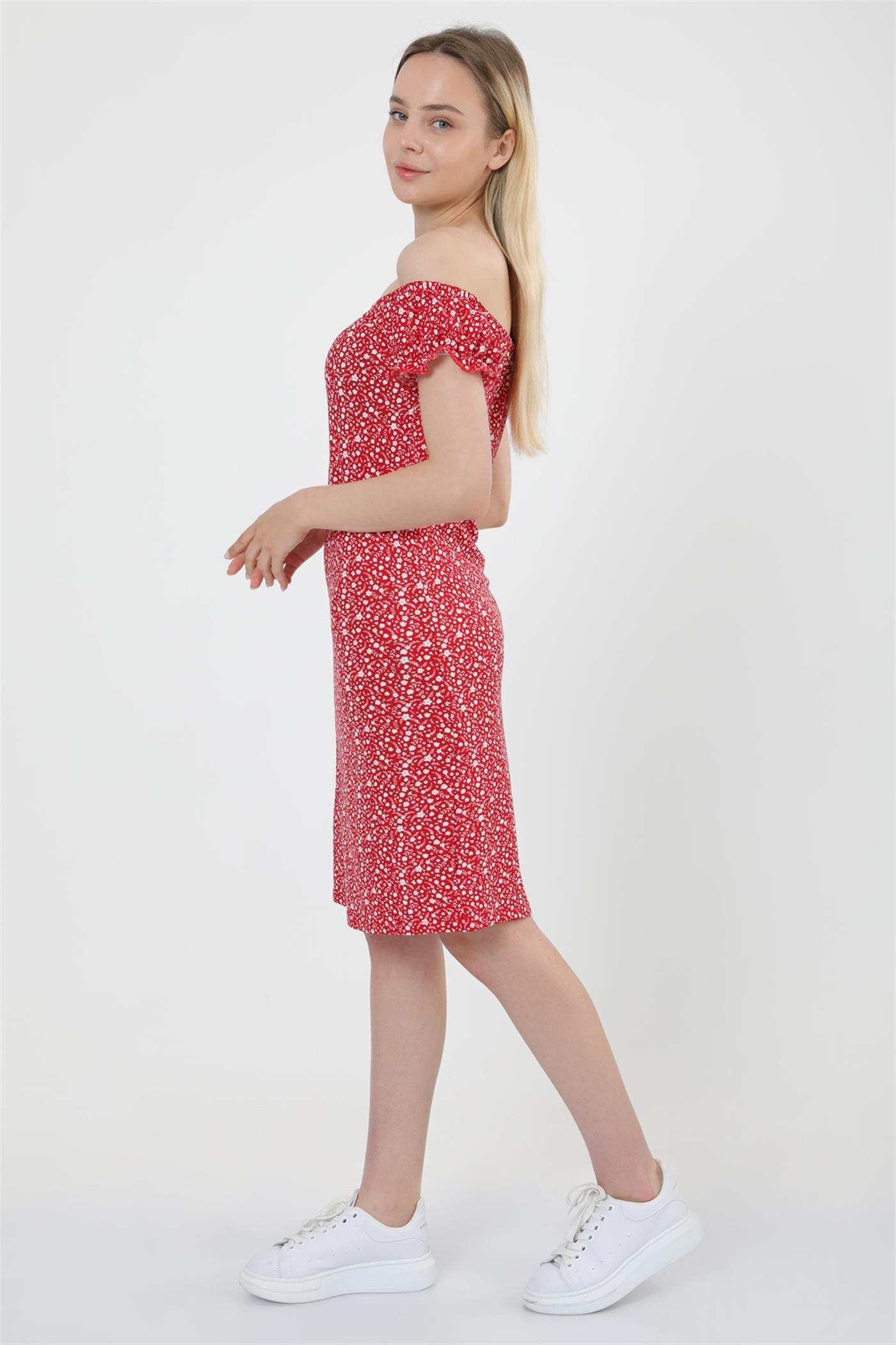 Geniş Yaka Kol Detaylı Çiçek Desenli Elbise - Kırmızı