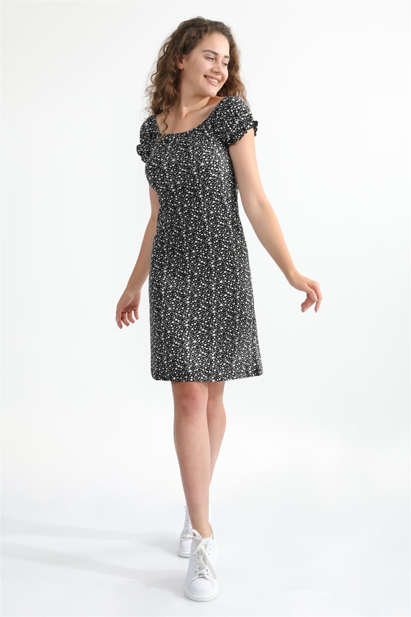 Geniş Yaka Kol Detaylı Çiçek Desenli Elbise - Siyah