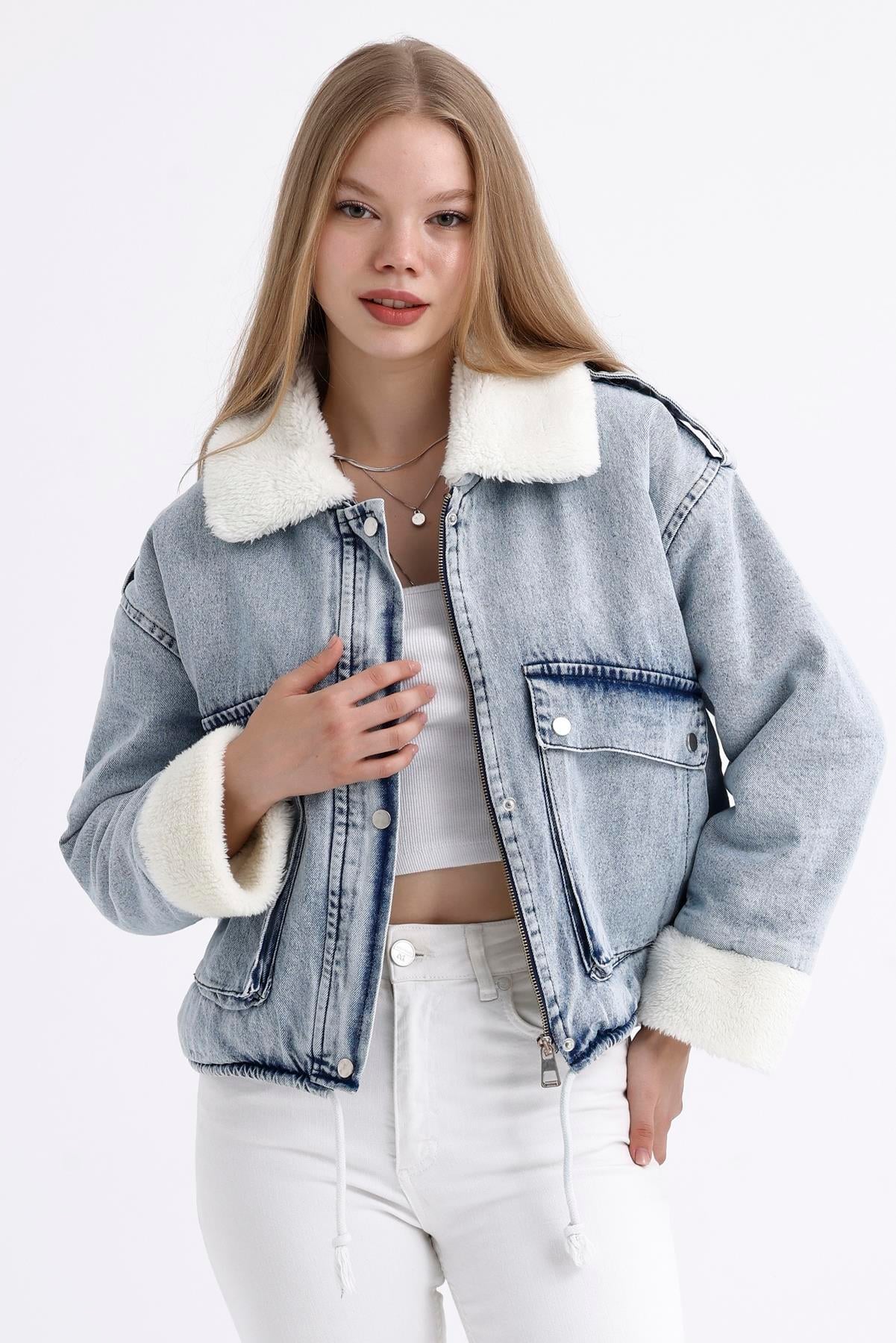 İçi Kürklü Çift Cepli Fermuarlı Çıtçıt Kapamalı Kar Yıkama Denim Mont - Buz Mavi