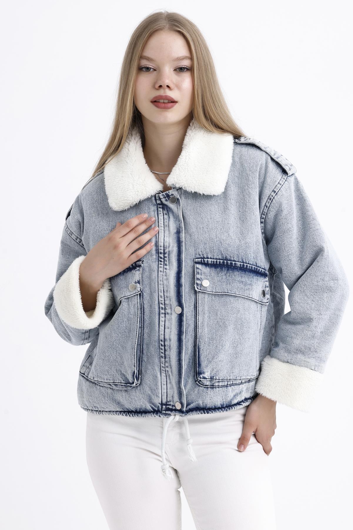 İçi Kürklü Çift Cepli Fermuarlı Çıtçıt Kapamalı Kar Yıkama Denim Mont - Buz Mavi