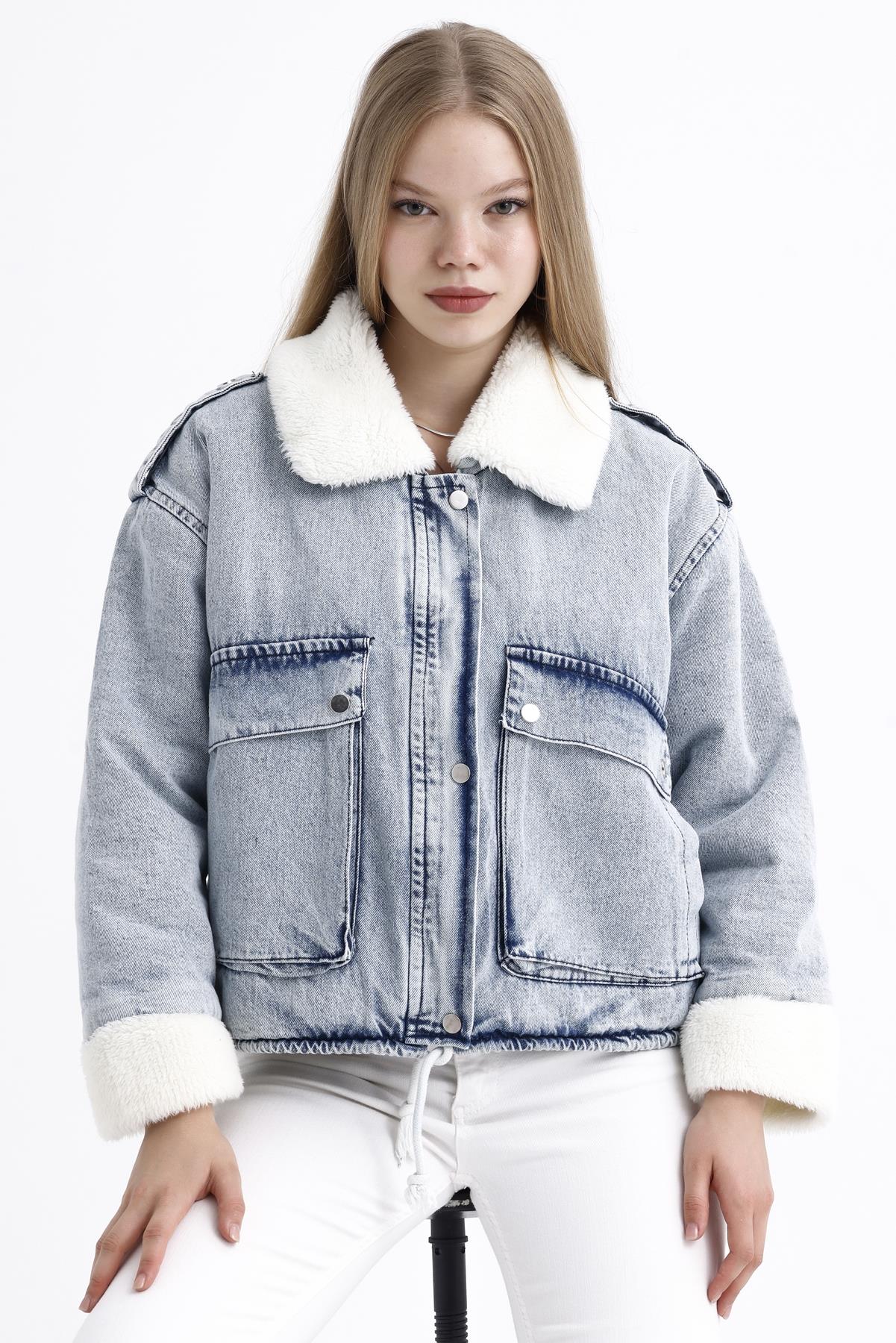 İçi Kürklü Çift Cepli Fermuarlı Çıtçıt Kapamalı Kar Yıkama Denim Mont - Buz Mavi