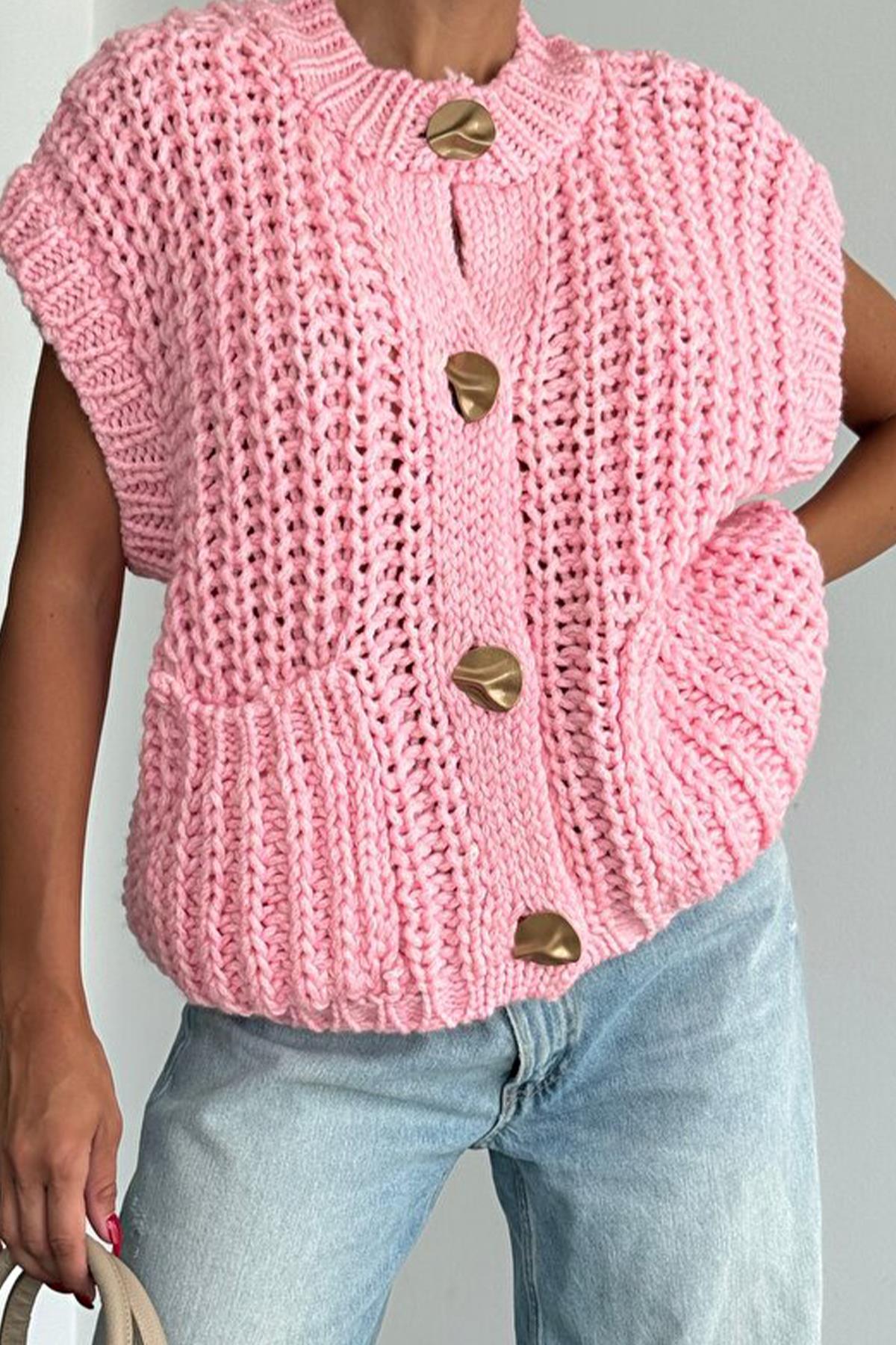 Kalın Örgü Gold Düğmeli Premium Trend Yelek - Pembe