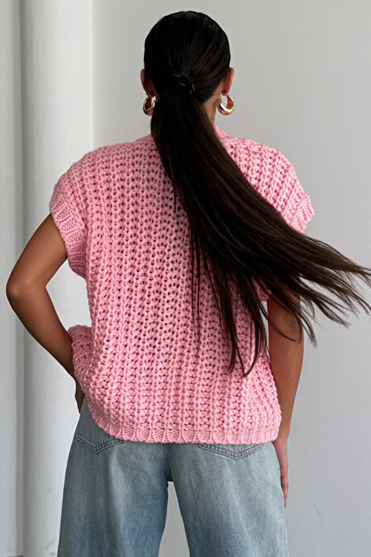Kalın Örgü Gold Düğmeli Premium Trend Yelek - Pembe