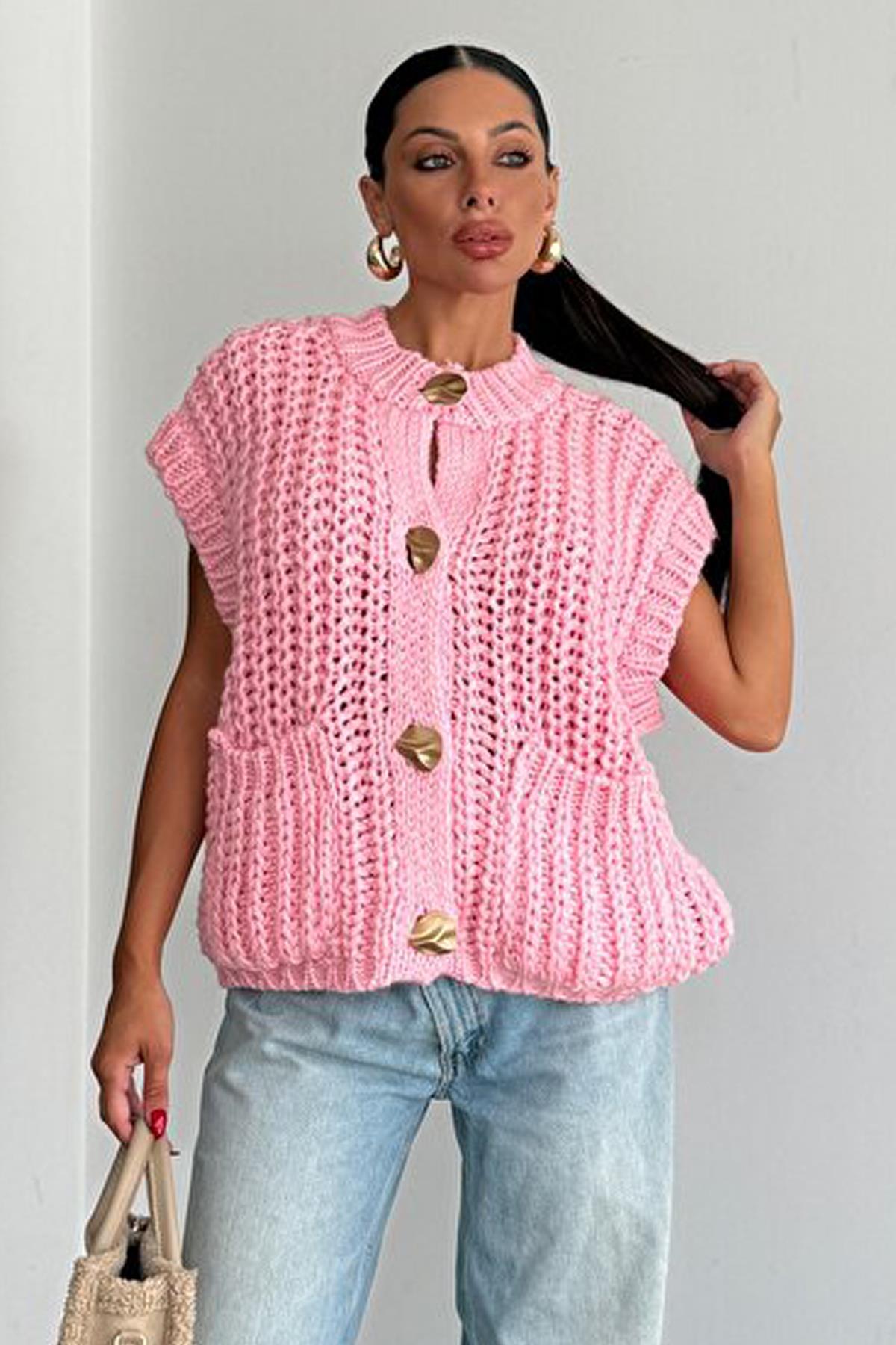 Kalın Örgü Gold Düğmeli Premium Trend Yelek - Pembe