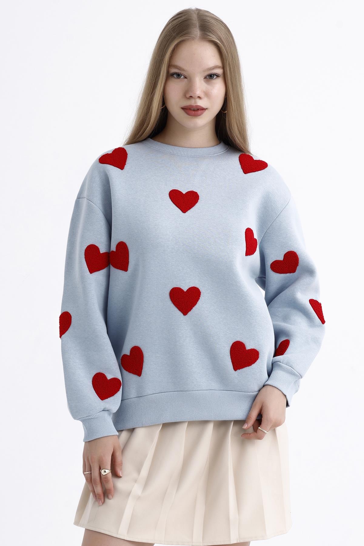 Kalp Efektli Balon Kollu İçi Polarlı Oversize Sweatshirt - Buz Mavi