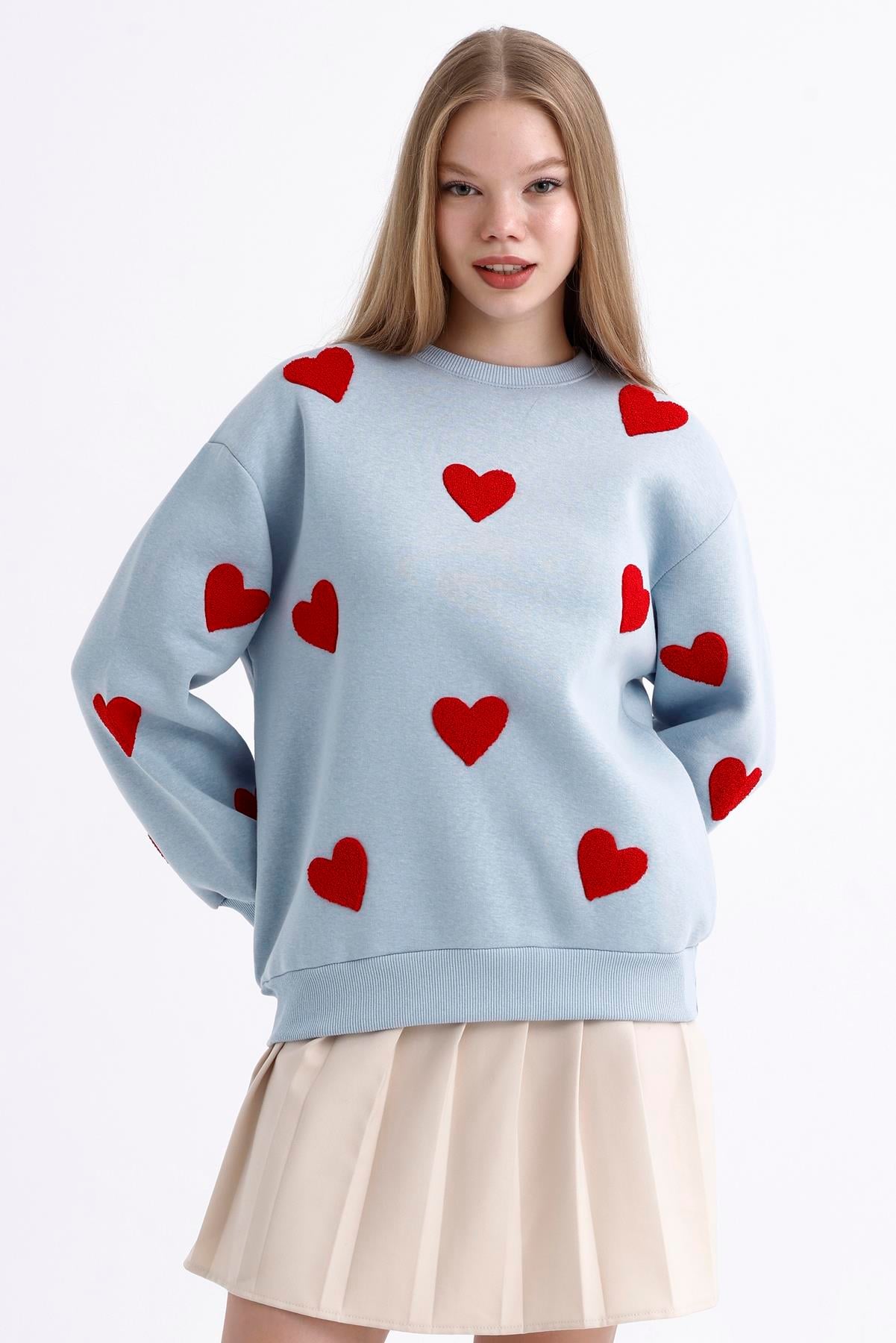 Kalp Efektli Balon Kollu İçi Polarlı Oversize Sweatshirt - Buz Mavi