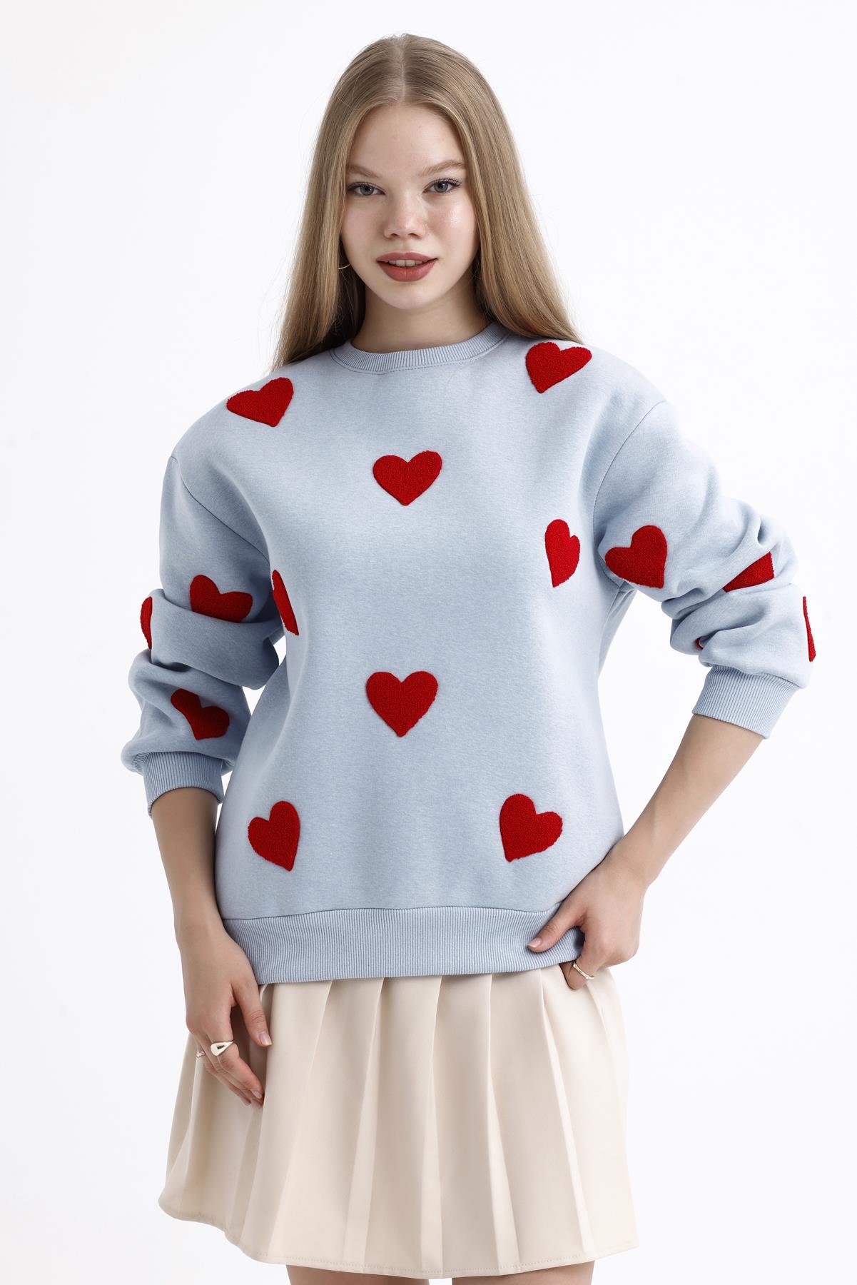 Kalp Efektli Balon Kollu İçi Polarlı Oversize Sweatshirt - Buz Mavi