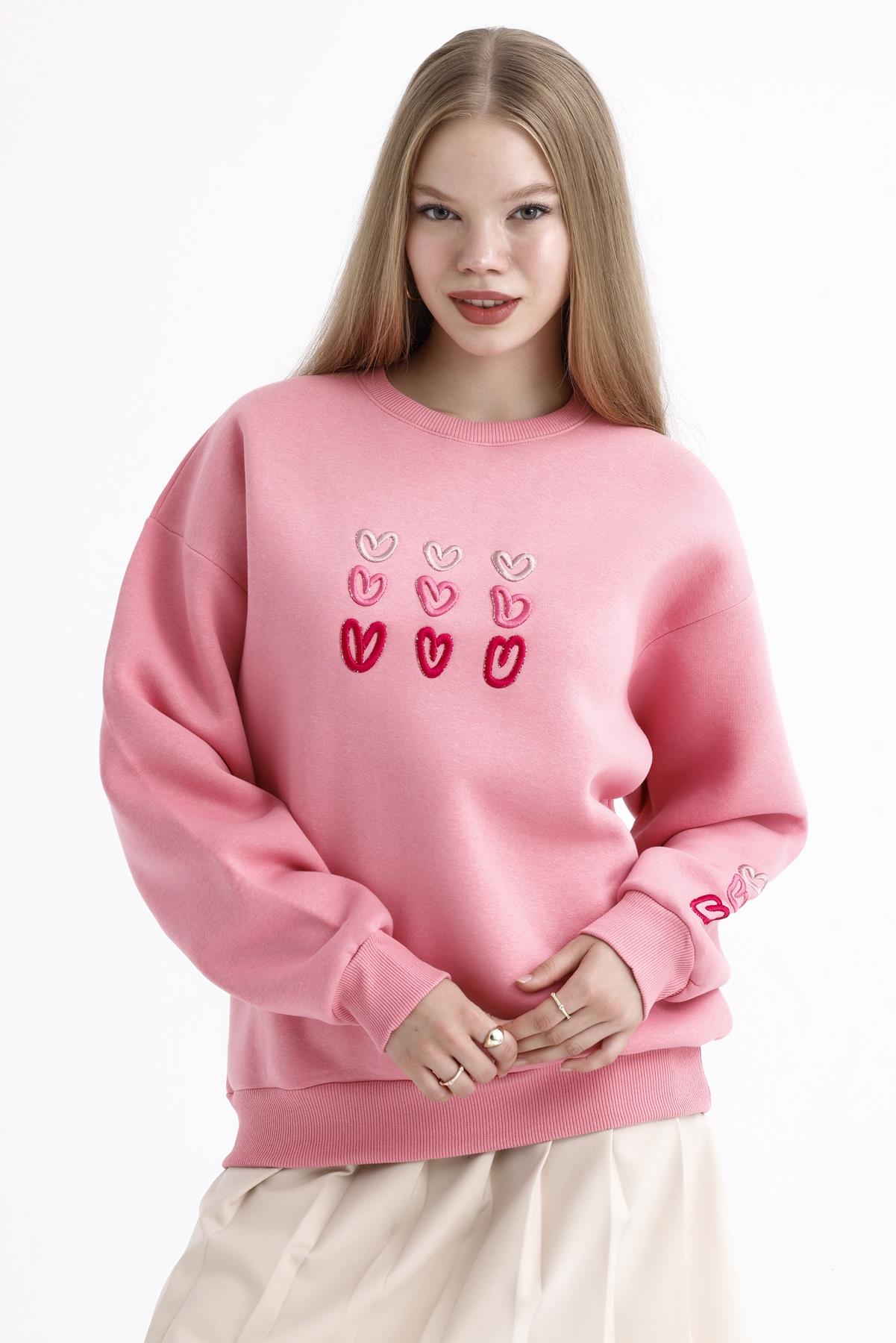Kalp Nakış İşlemeli Balon Kollu İçi Polarlı Oversize Sweatshirt - Pembe