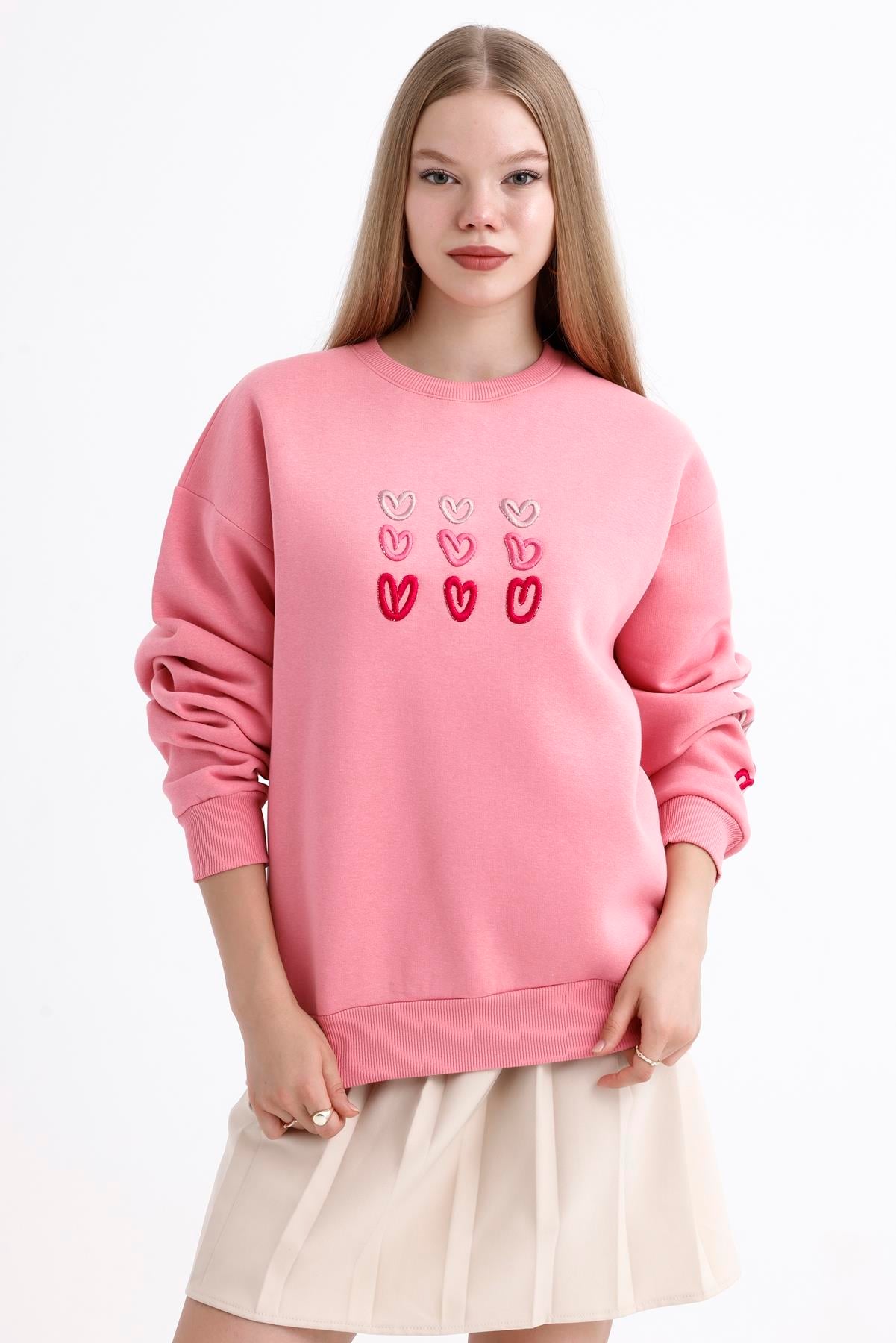 Kalp Nakış İşlemeli Balon Kollu İçi Polarlı Oversize Sweatshirt - Pembe