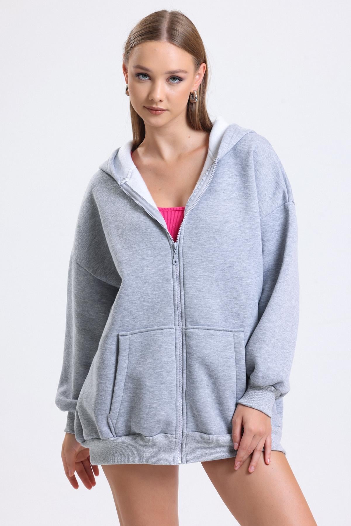 Kapüşonlu İçi Polarlı Oversize Fermuarlı Sweatshirt - Gri