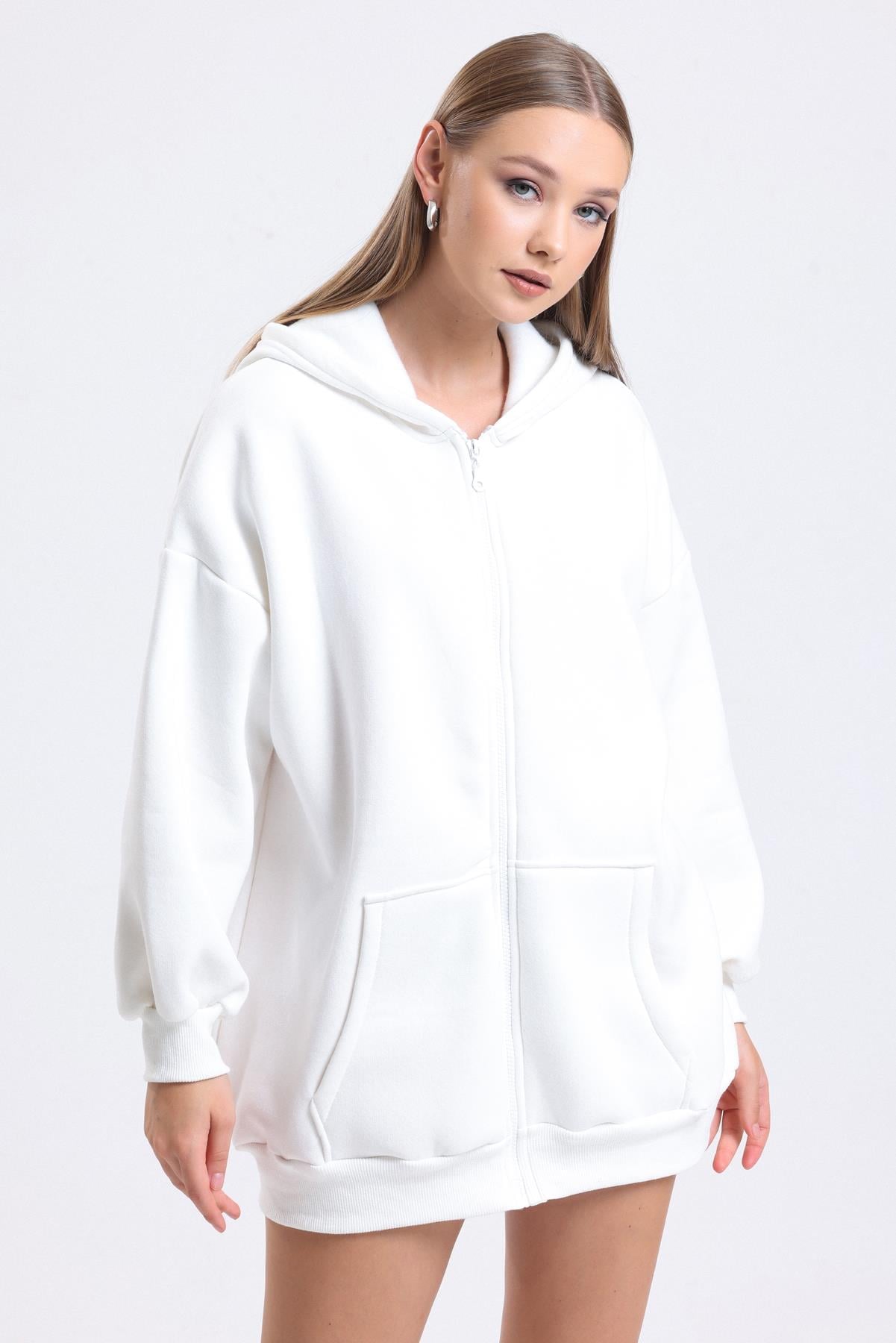 Kapüşonlu İçi Polarlı Oversize Fermuarlı Sweatshirt - Ekru