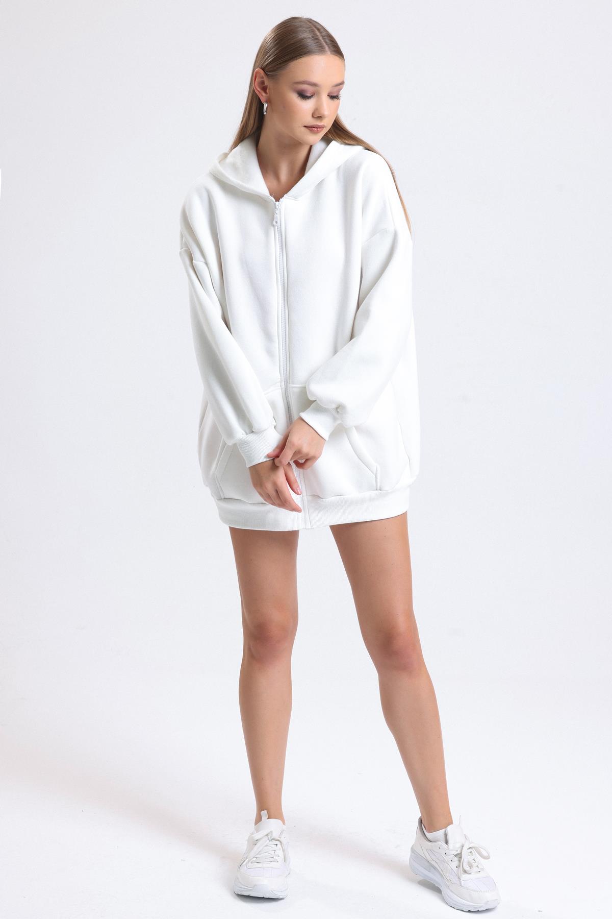 Kapüşonlu İçi Polarlı Oversize Fermuarlı Sweatshirt - Ekru