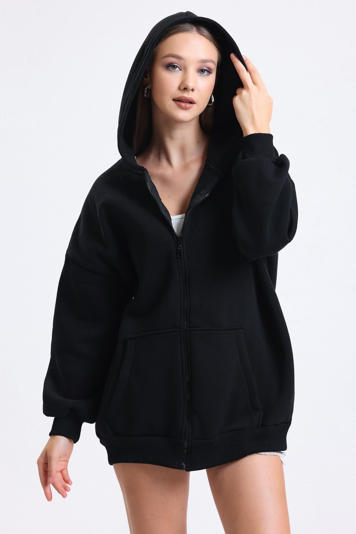 Kapüşonlu İçi Polarlı Oversize Fermuarlı Sweatshirt - Siyah