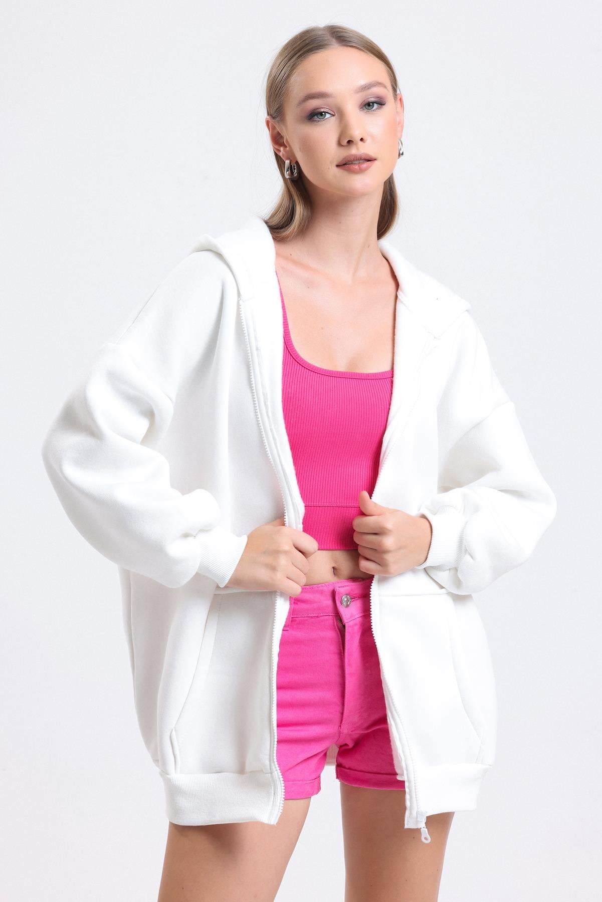 Kapüşonlu İçi Polarlı Oversize Fermuarlı Sweatshirt - Ekru