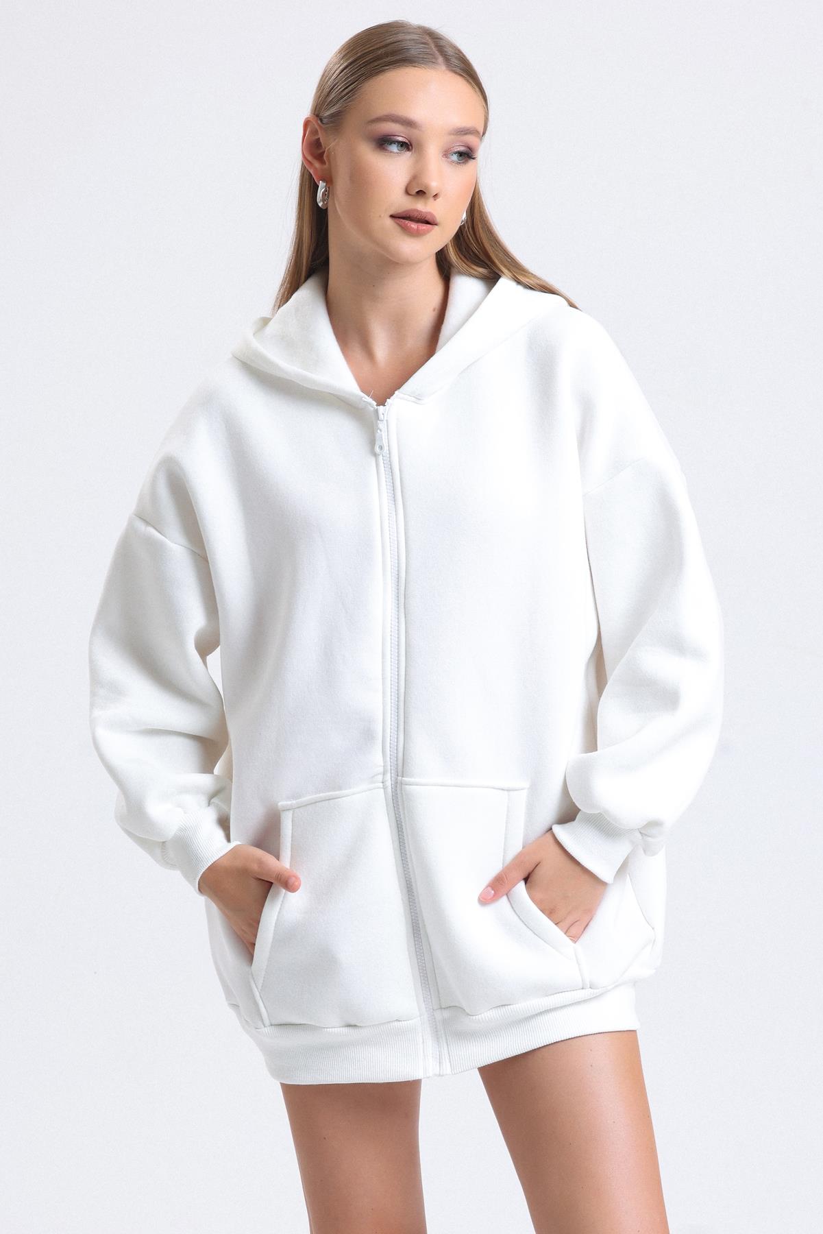 Kapüşonlu İçi Polarlı Oversize Fermuarlı Sweatshirt - Ekru
