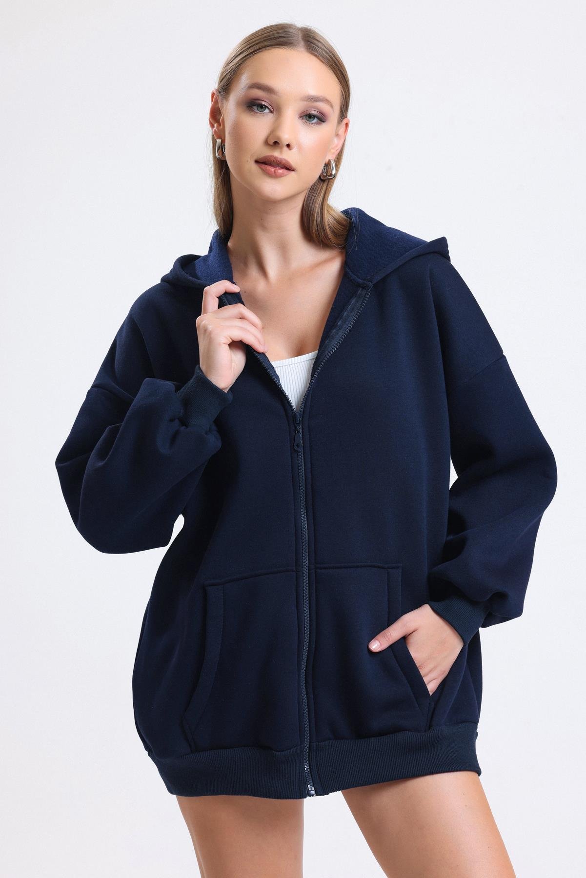 Kapüşonlu İçi Polarlı Oversize Fermuarlı Sweatshirt - Lacivert