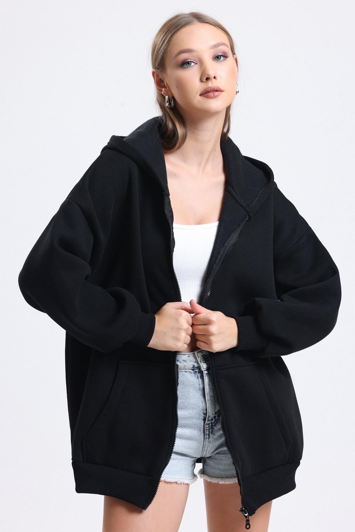 Kapüşonlu İçi Polarlı Oversize Fermuarlı Sweatshirt - Siyah