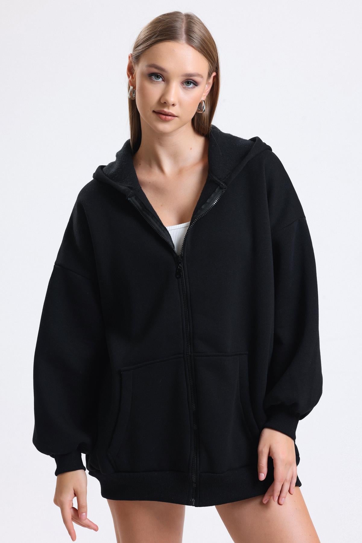 Kapüşonlu İçi Polarlı Oversize Fermuarlı Sweatshirt - Siyah