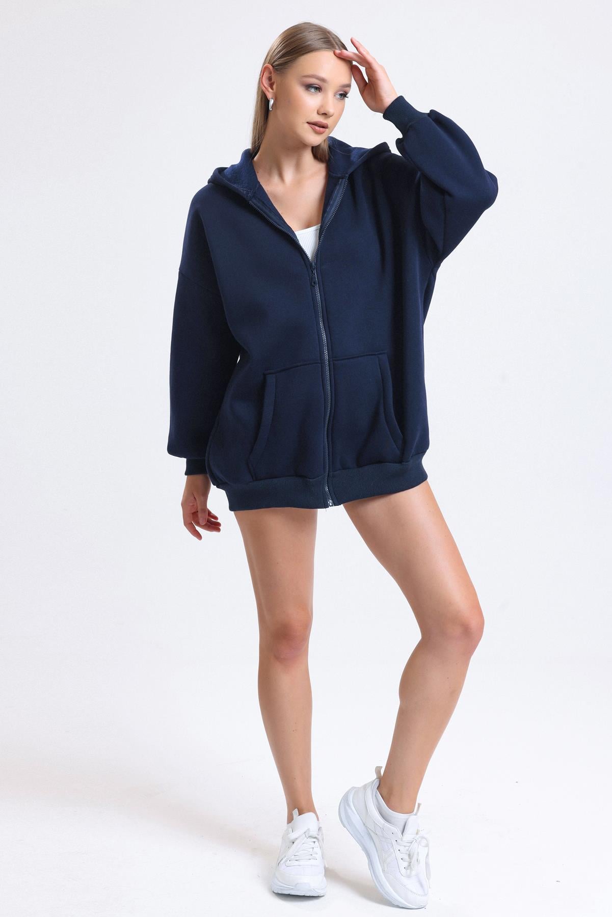 Kapüşonlu İçi Polarlı Oversize Fermuarlı Sweatshirt - Lacivert