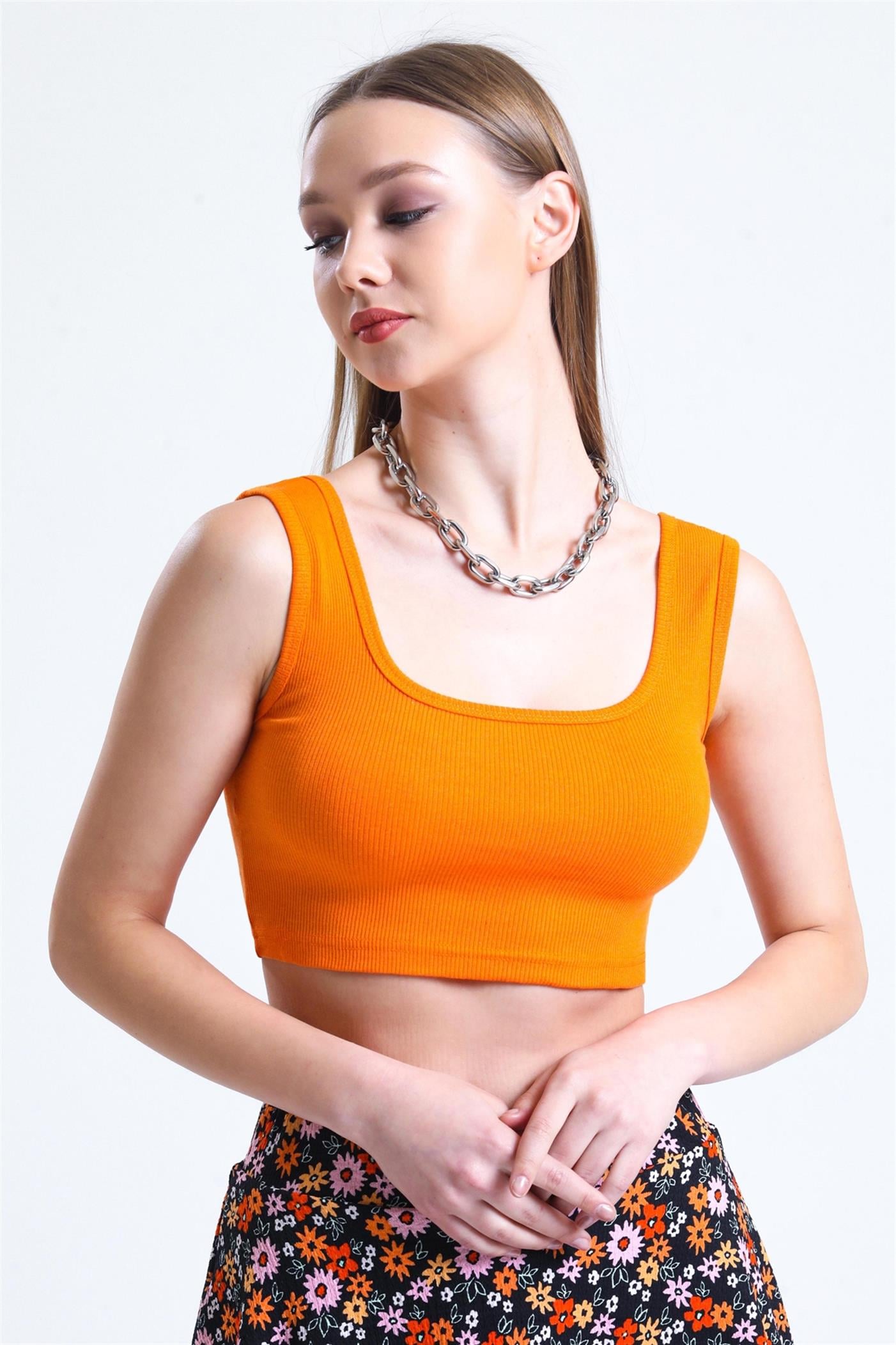 Kare Yaka Basic Fitilli Süper Crop Atlet - Turuncu