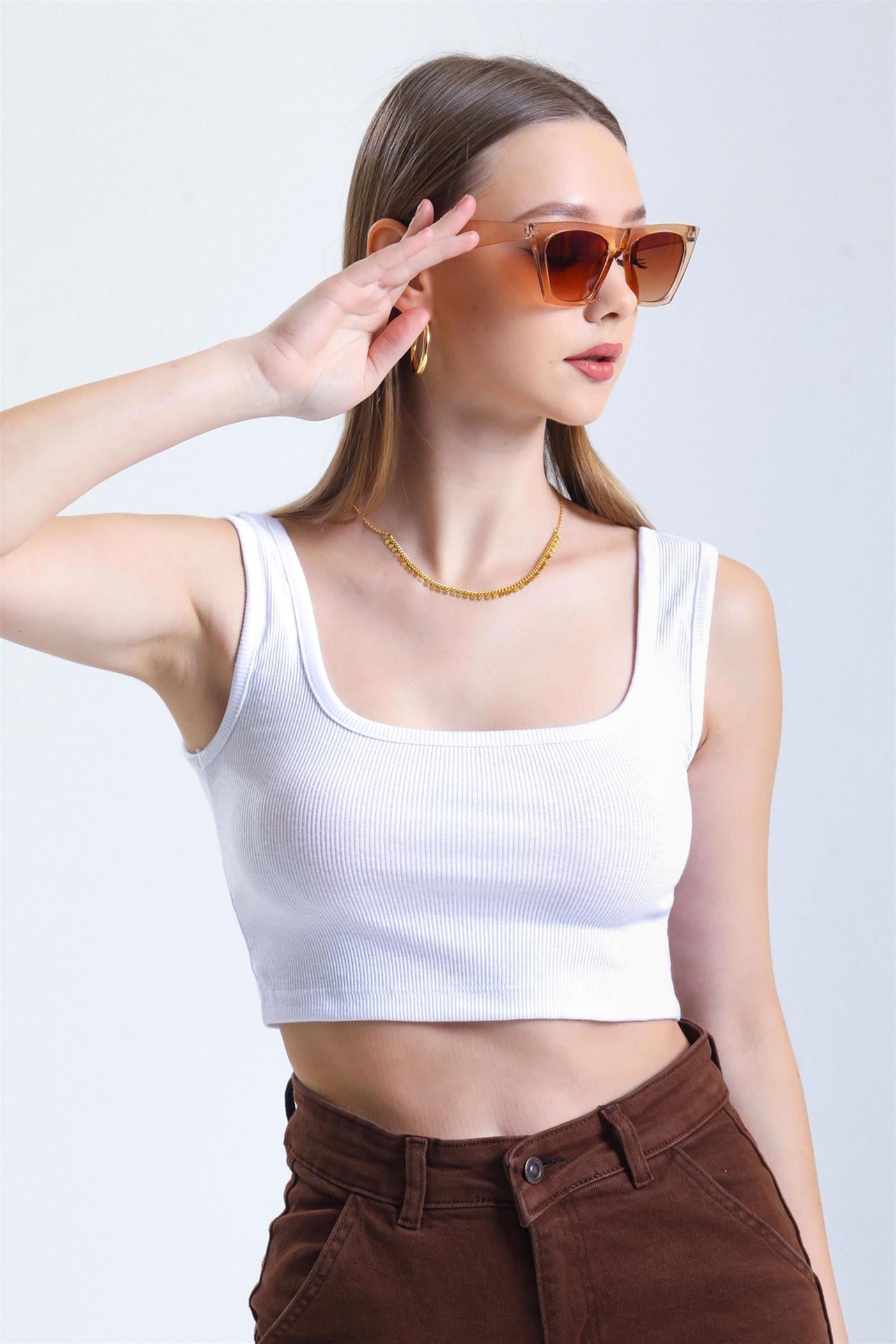 Kare Yaka Basic Fitilli Süper Crop Atlet - Beyaz