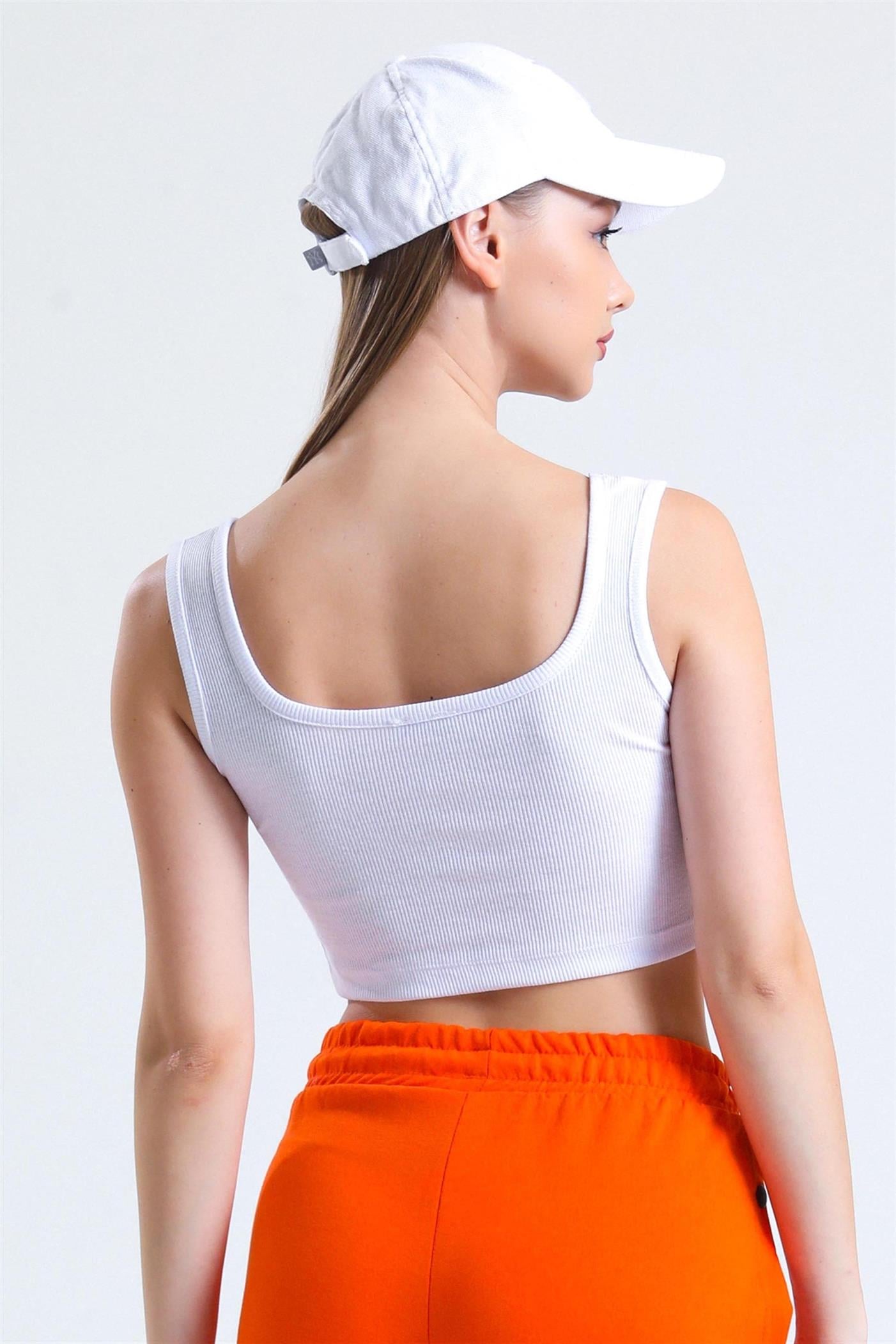 Kare Yaka Basic Fitilli Süper Crop Atlet - Beyaz