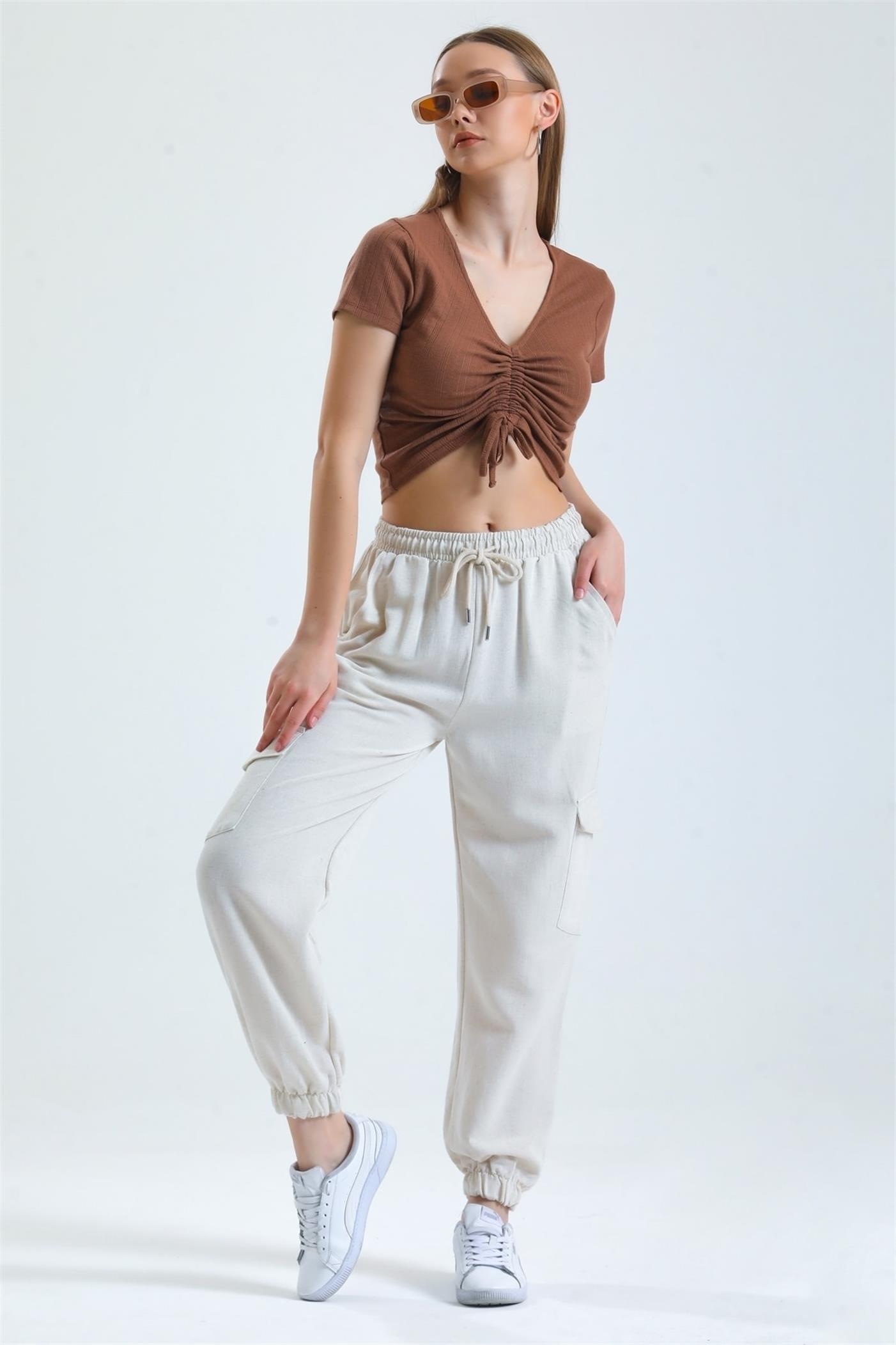 Kargo Cepli Bel Lastikli Bağcıklı Jogger Keten Pantolon - Taş