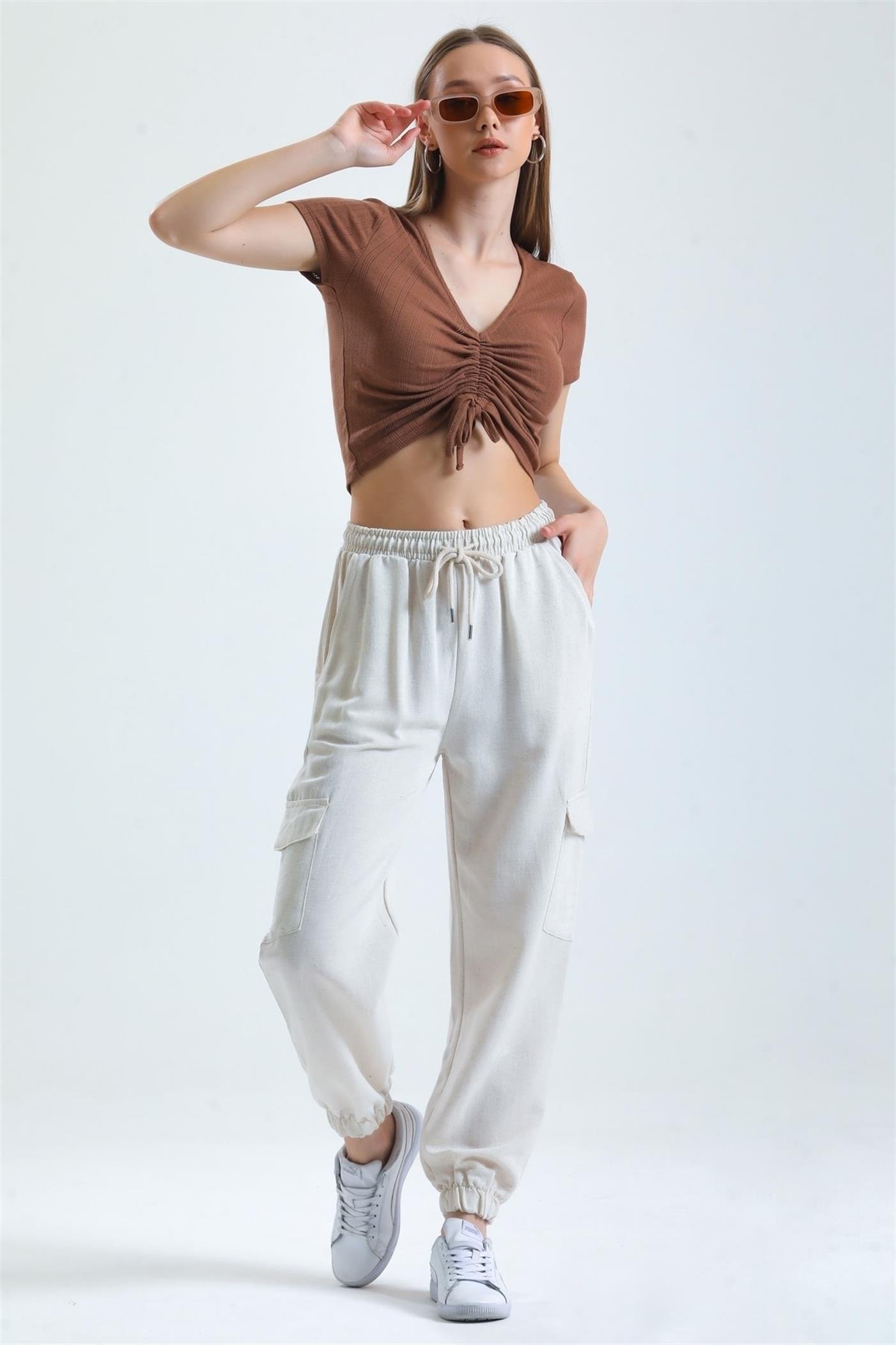 Kargo Cepli Bel Lastikli Bağcıklı Jogger Keten Pantolon - Taş
