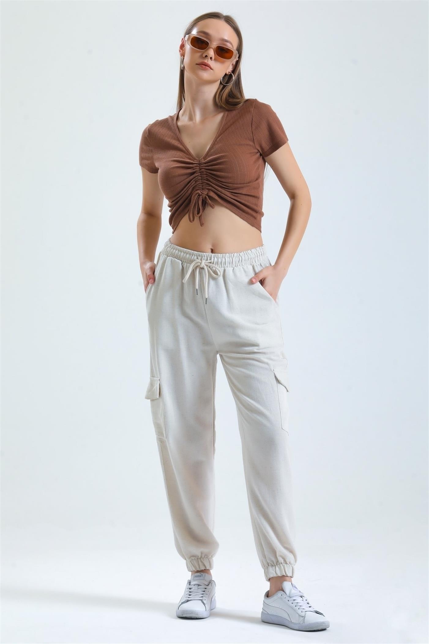 Kargo Cepli Bel Lastikli Bağcıklı Jogger Keten Pantolon - Taş