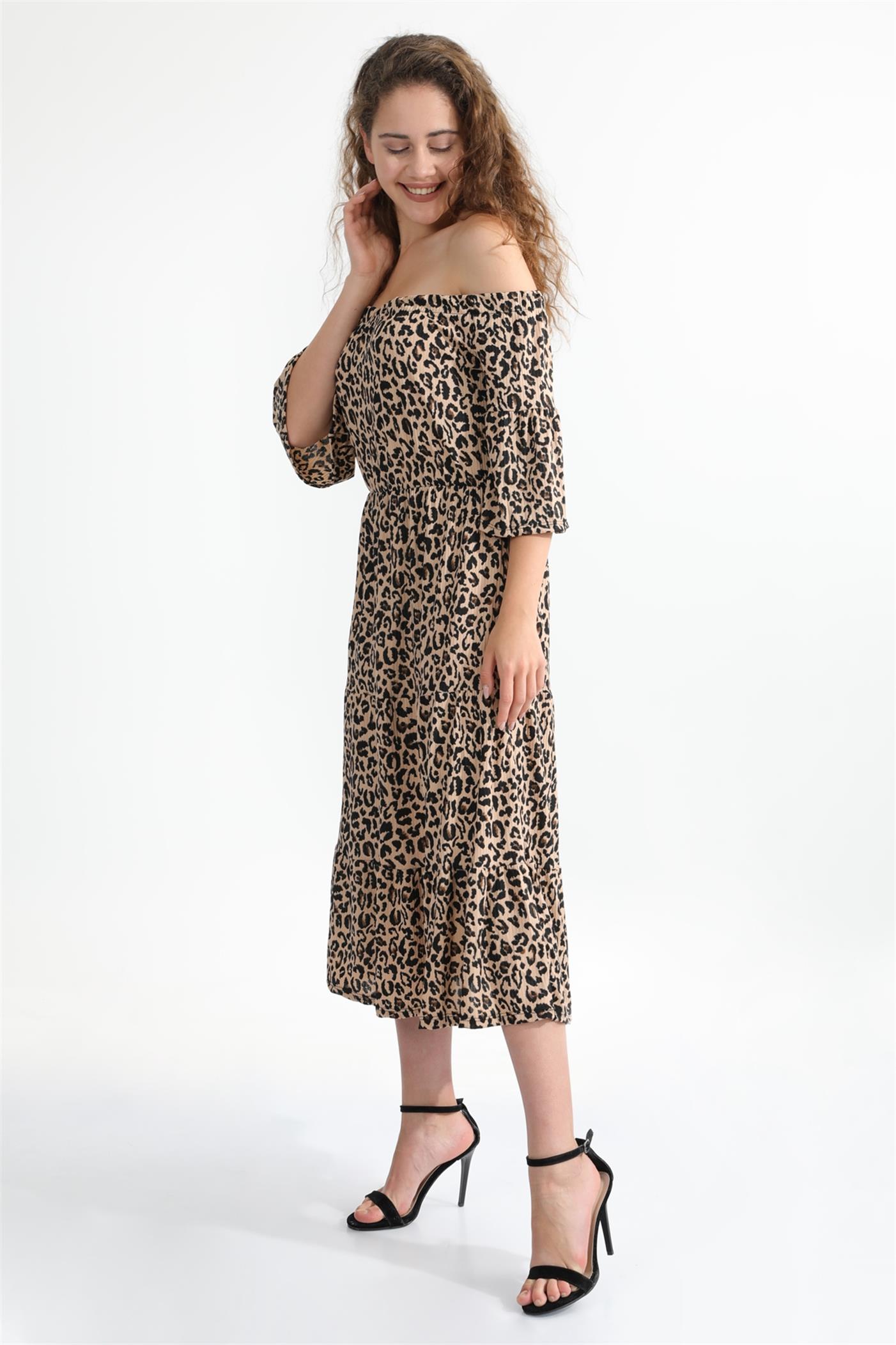 Madonna Yaka Leopar Desenli Volan Kollu Elbise - Kahve