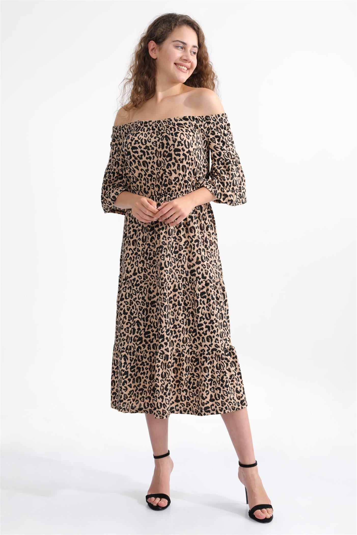 Madonna Yaka Leopar Desenli Volan Kollu Elbise - Kahve